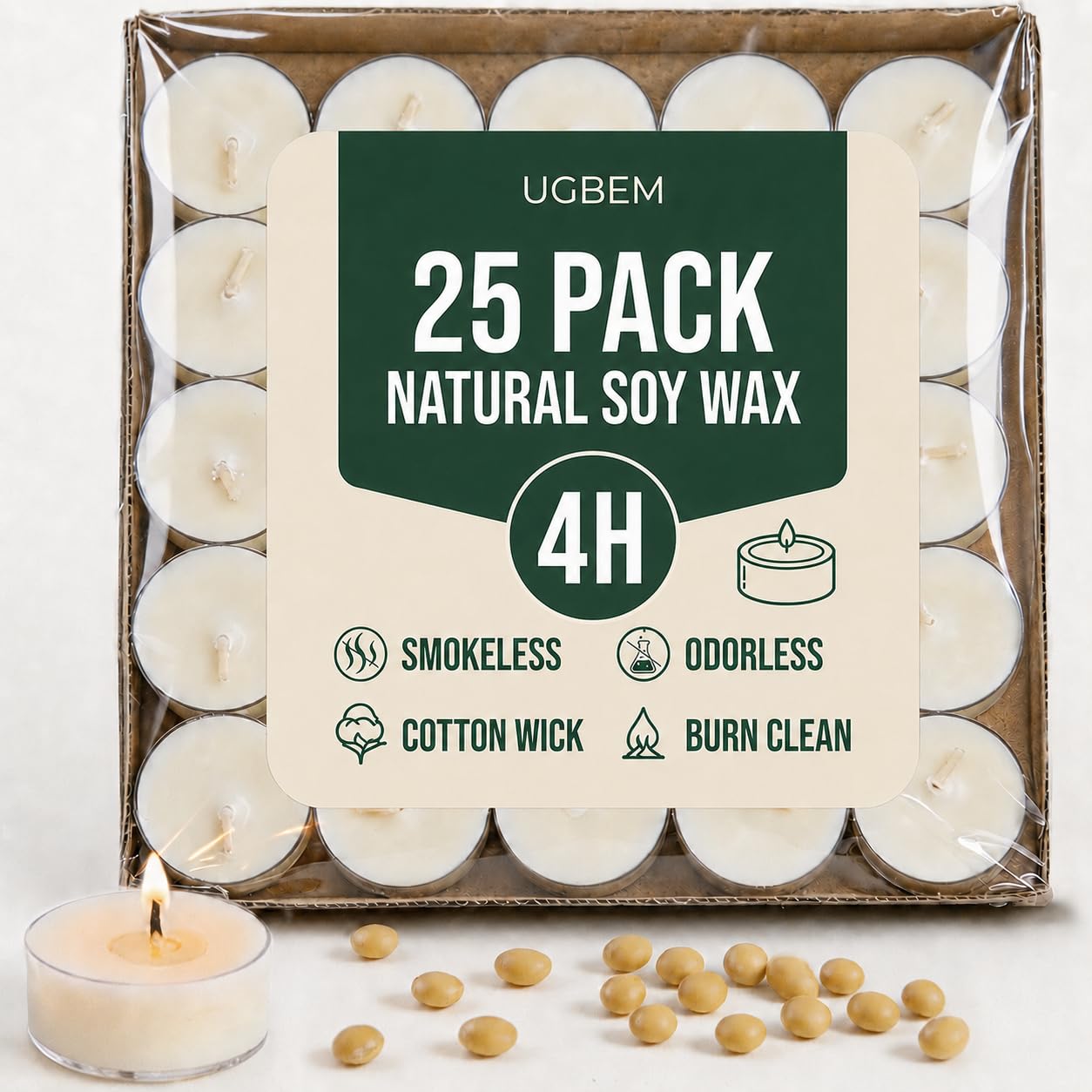 25 Pack Soy Wax Tealights, Unscented Tealight Candles in Clear Cup 4 Hours Burning Time Paraffin-Free for Weddings, Events, Home Decor, Emergency Use — image 1