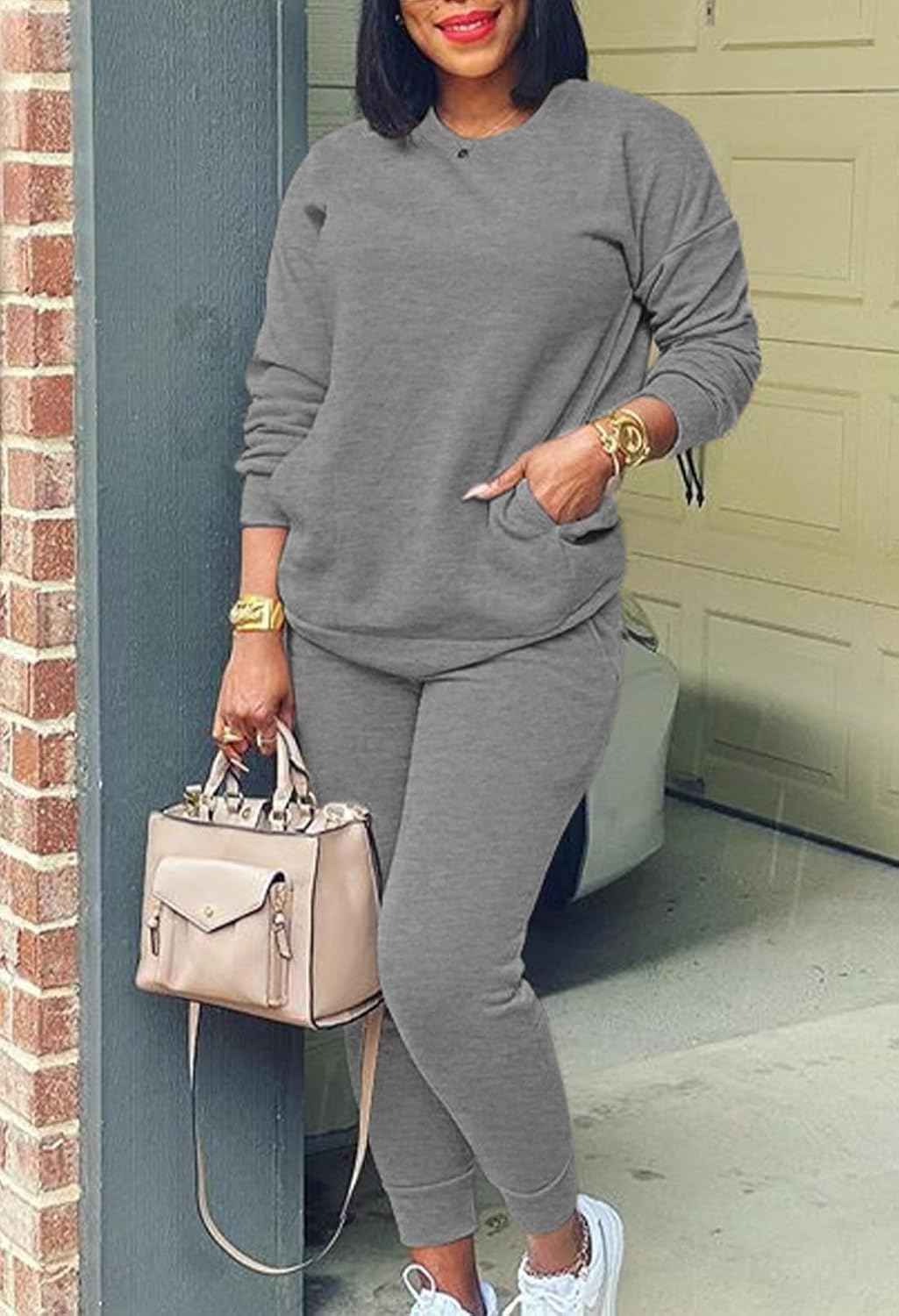 Fixmatti Women's 2 Piece Sweatsuit Long Sleeve Shirts Jogger Pant Set Tracksuit Crewneck-grey XX-Large