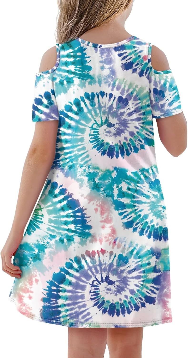 Beauty Collector Girls Summer Dress Short Sleeve Cold Shoulder Dresses with Pockets