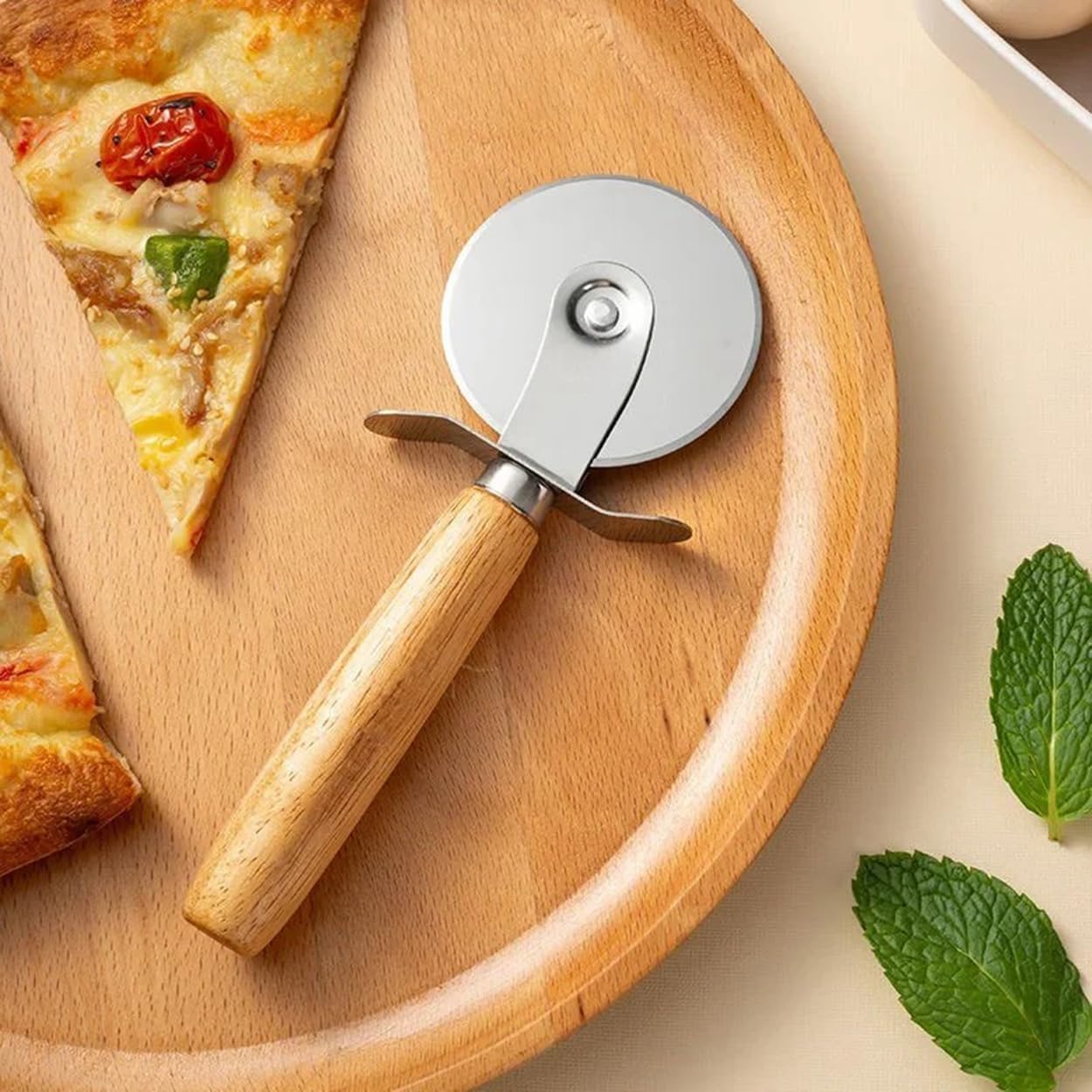 Pizza Cutter with Wooden Handle Stainless Steel Wheel Pizza Dough Pastry Slicer