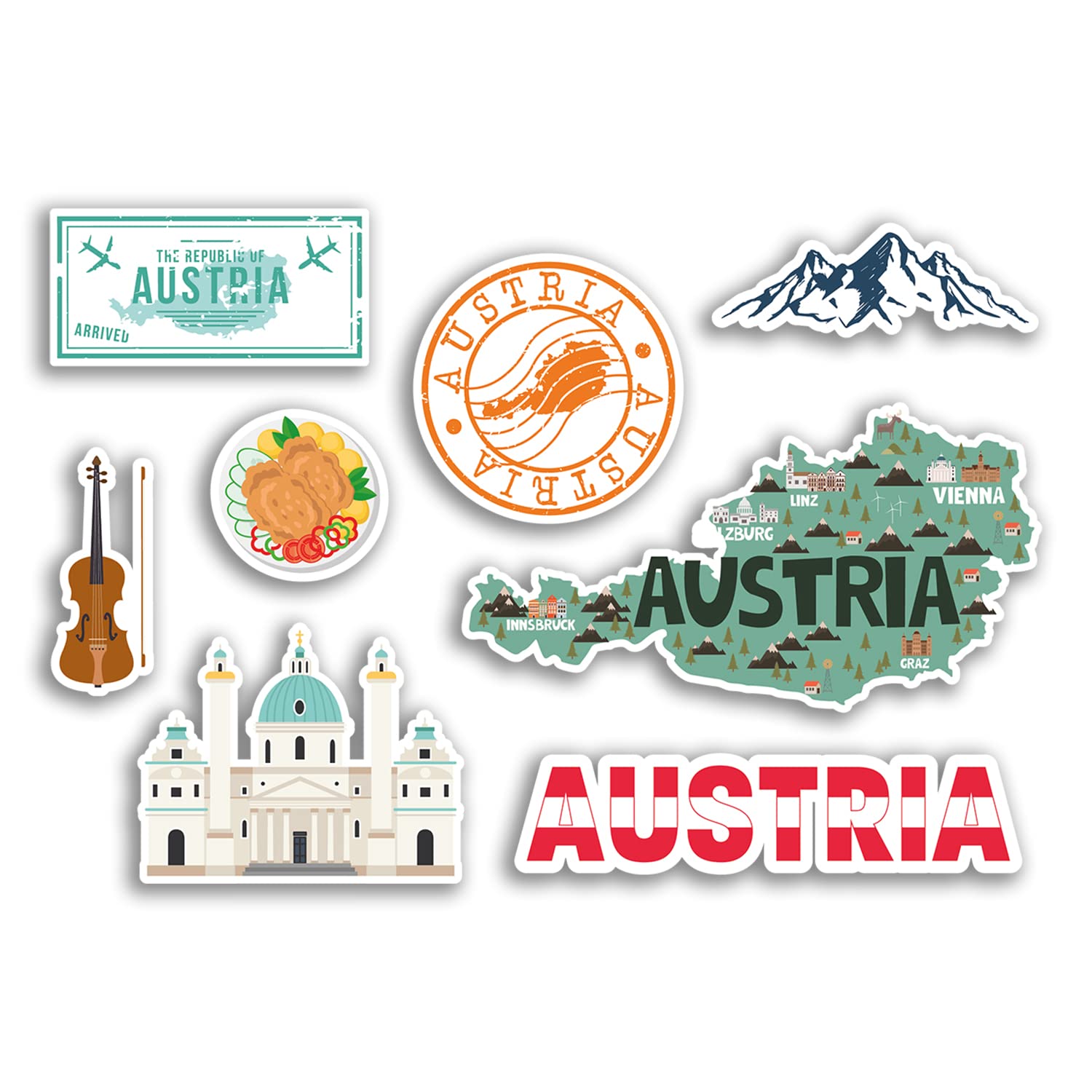 Dv Design Multi A5 Sticker Sheet - Austria Vinyl Stickers - Austria Mountain Vienna Innsbruck Landmark Holiday City Country Airport Map Flag Food Sticker #77529