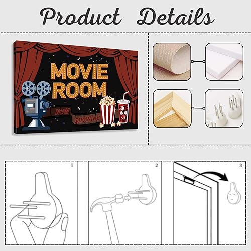 Miniatura 5 de Movie Canvas Wall Art, Retro Movie Night Canvas Wall Art, Camera Picture Print, Home Theater Print Decor, Man Cave Painting, Living Room, Movies