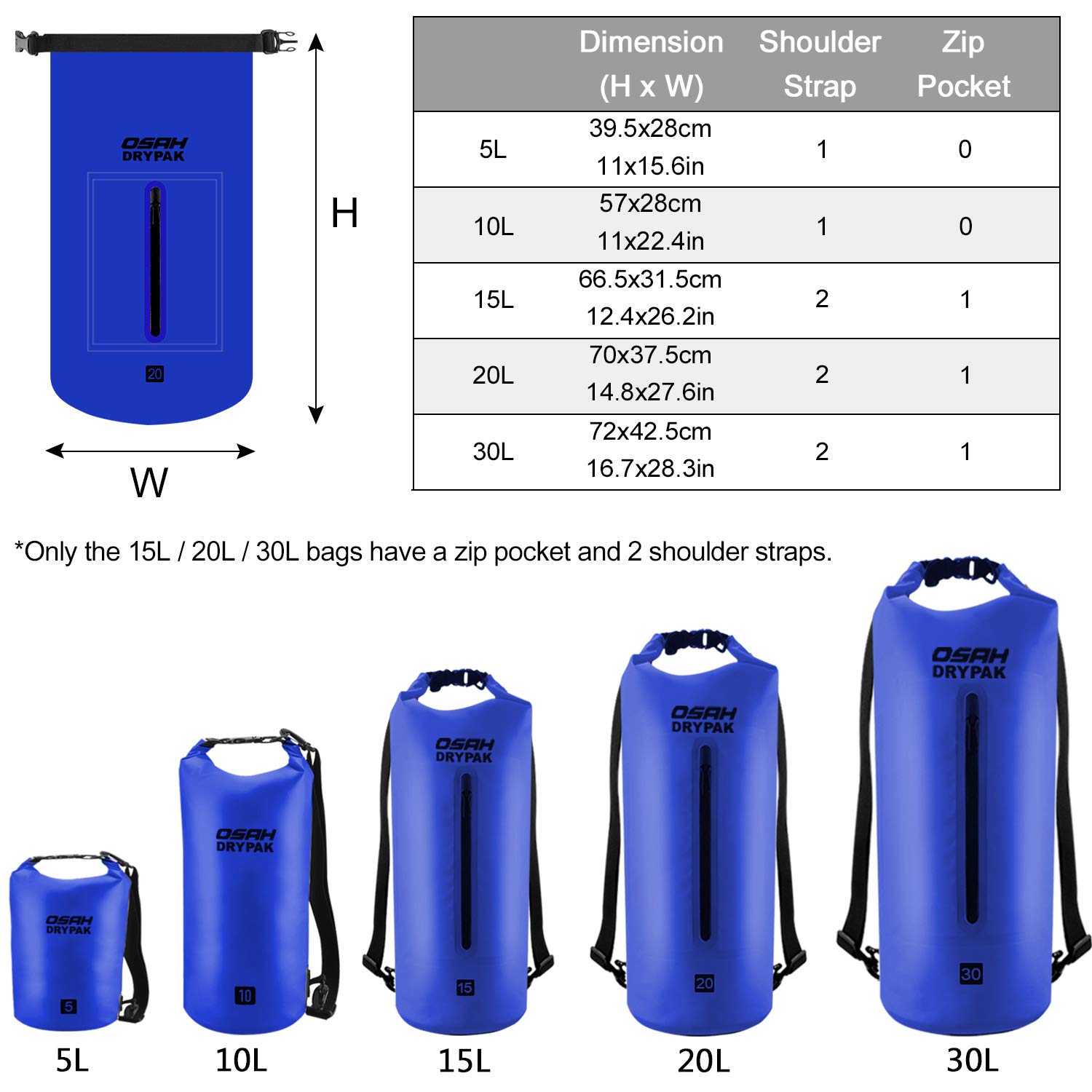 OSAH DRYPAK Borse Impermeabile Sacca Dry Bag 5L 10L 15L 20L 30L con Tracolla Regolabile per Spiaggia Sport d'Acqua Trekking Kayak Canoa Pesca Rafting Nuoto Campeggio