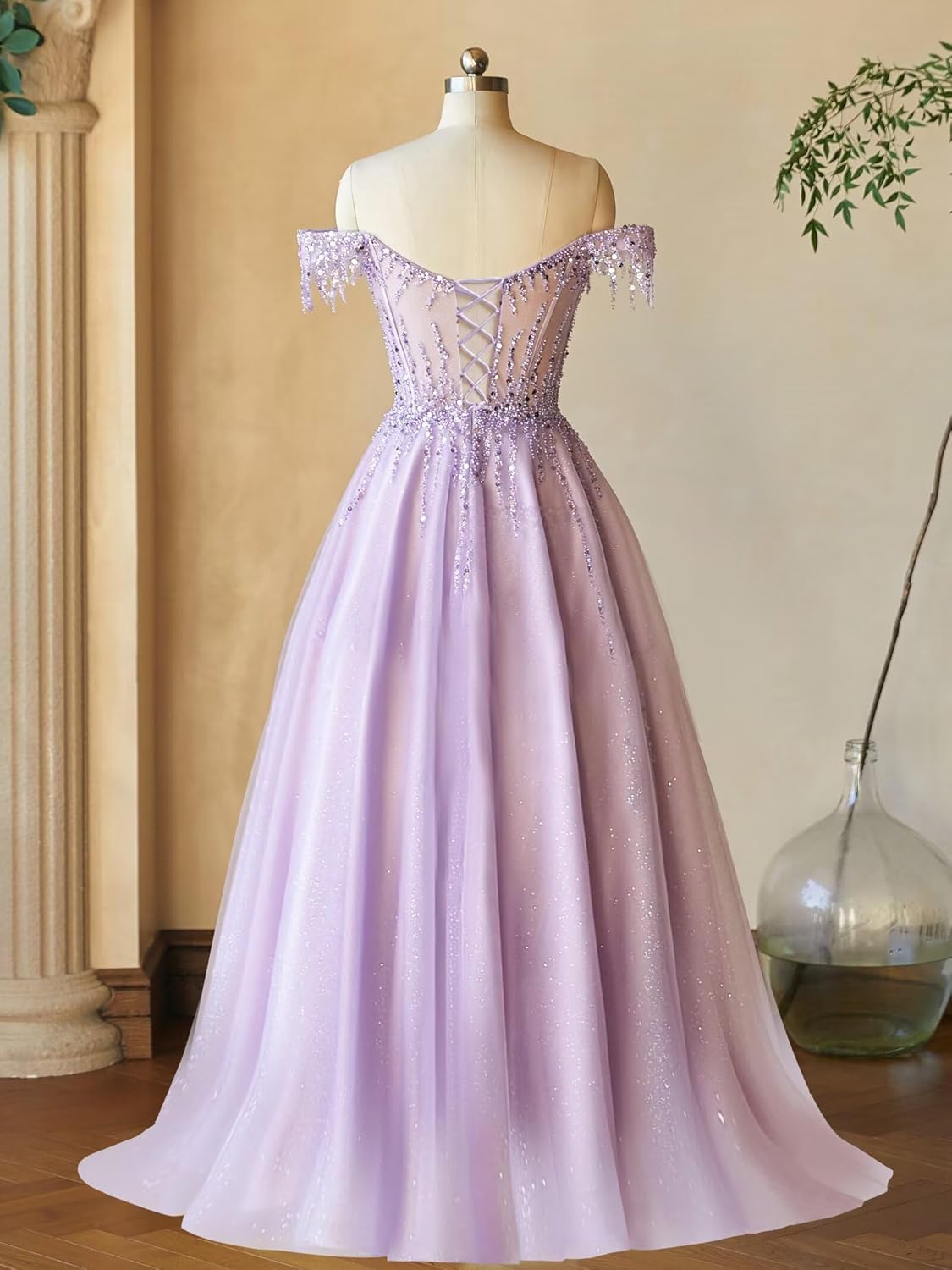 Off Shoulder Tulle Prom Dresses Long Ball Gown for Women Sequin Beaded Formal Evening Gown