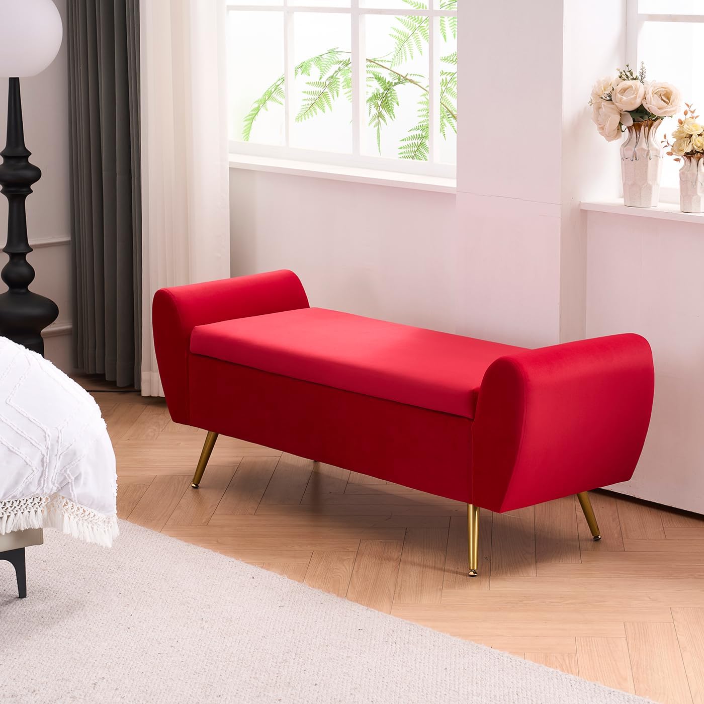 Storage Bench for Bedroom, 55" Extra Long Bench for King Size Bed, Modern Upholstered End of Bed Ottoman Bench with Arms for Entryway Living Room (Velvet, Fuchsia Red)