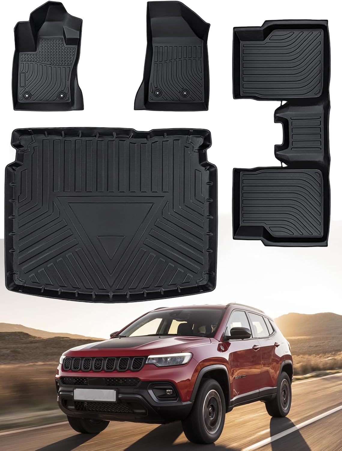 for Jeep Compass 2017-2025 Floor Mats Cargo Liner Trunk Carpet All Season Weather Heavy Duty TPE Rubber Waterproof Anti-Slip Tech Mats for Jeep Compass 2018 2019 2020 2021 2022 2023 2024 Accessories
