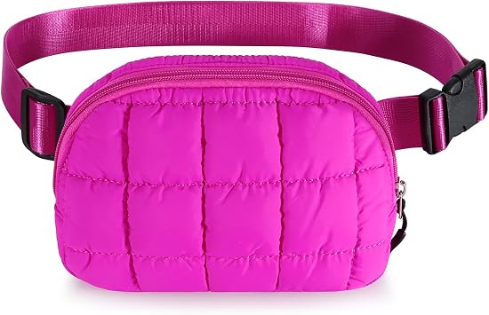 DOB SECHS Quilted Fanny Pack for Women Cross Body Small Puffer Waist Packs Purse Checkered Crossbody Belt Bag with Adjustable Strap, Lightweight Cute Puffy Sling Bags for Travel Sport, Hot Pink