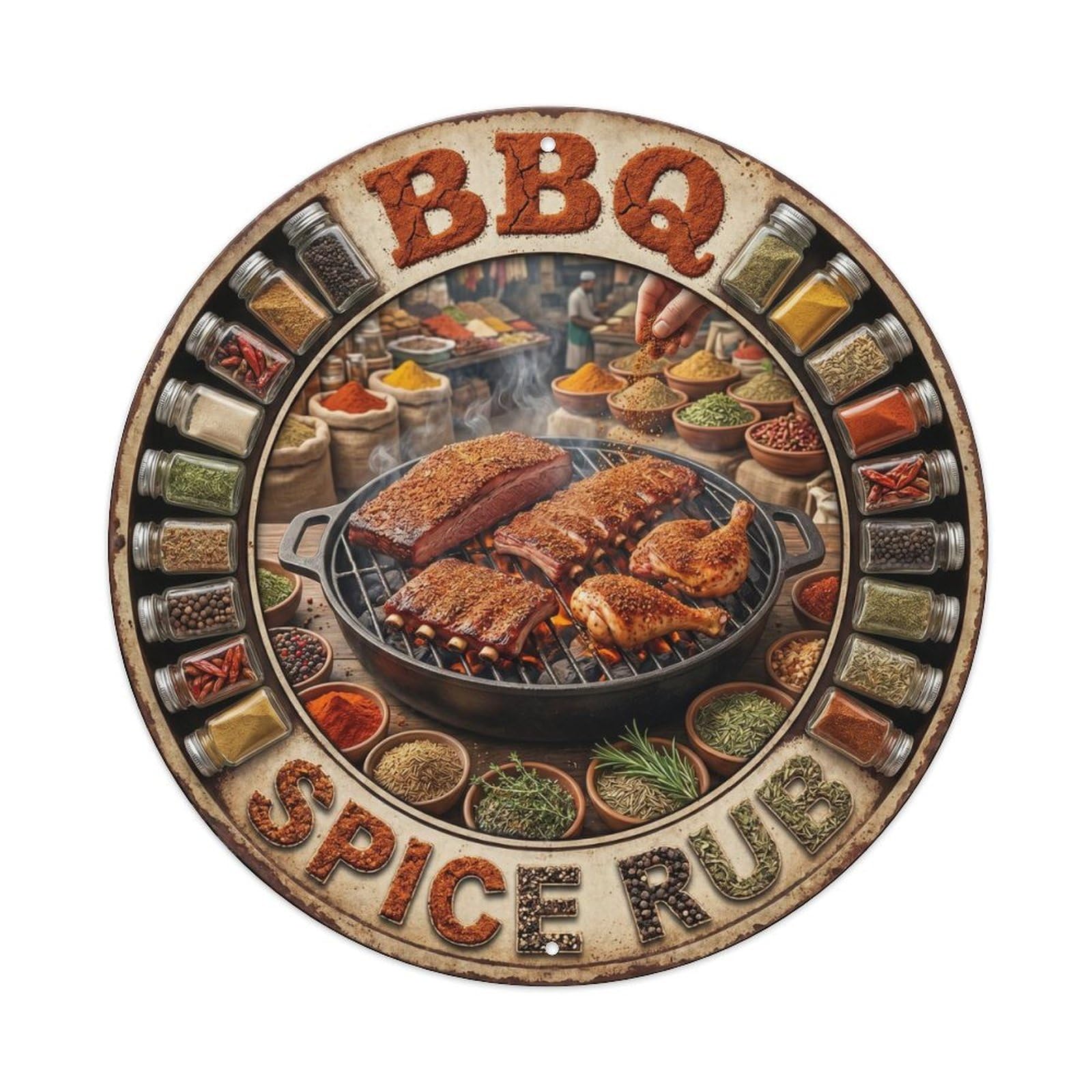 BBQ Barbecue Spice Rub Vintage Metal Tin Sign Plaque Wall Decor for Cafe, Club, Garden Round Metal Poster 8x8Inch