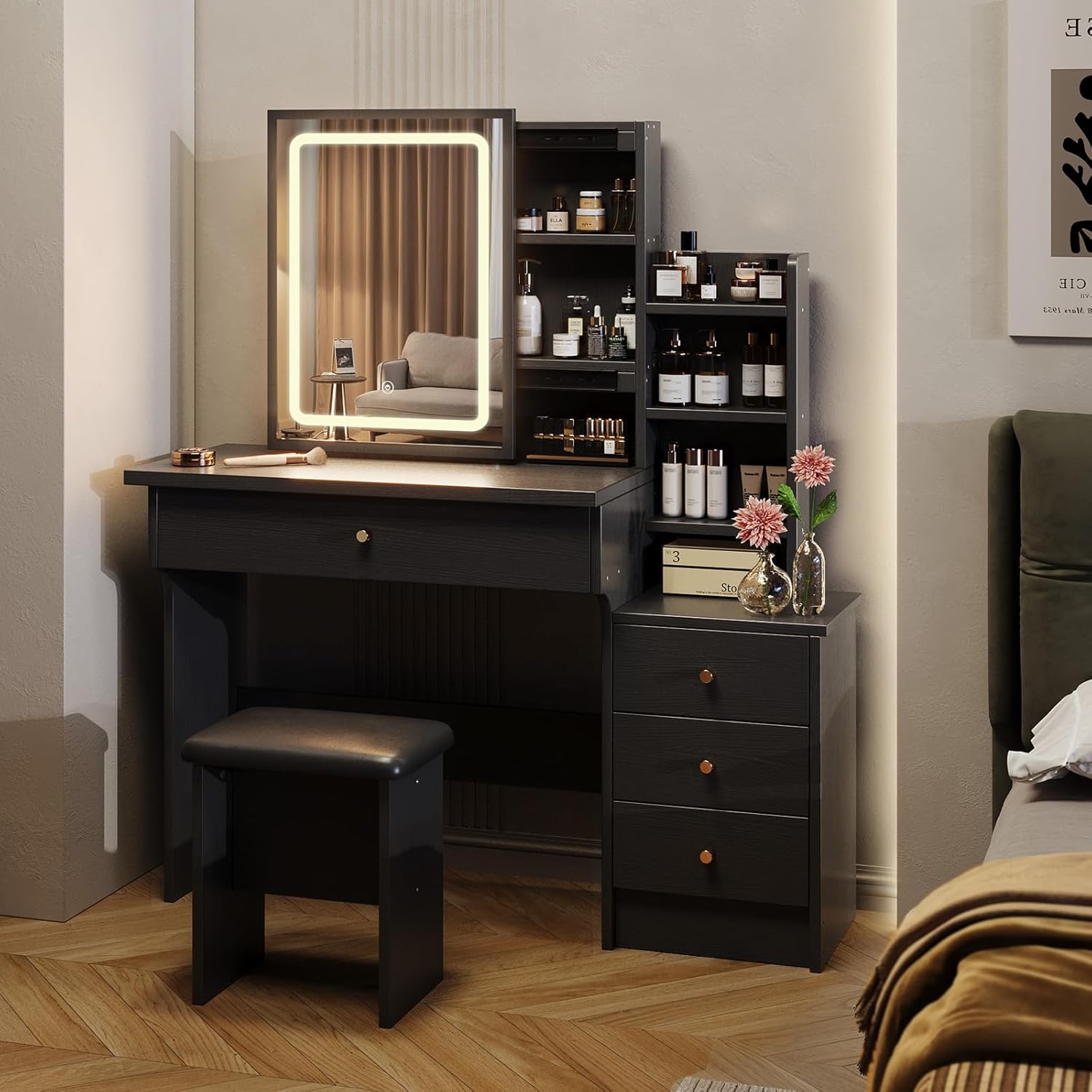 Vanity Desk with Mirror and Lights, Makeup Vanity with 3 Adjustable Lighting Modes, Small Vanity Desk with Sliding Mirror, 4 Drawers, 7 Shelves, Vanity Chair for Bedroom, Black