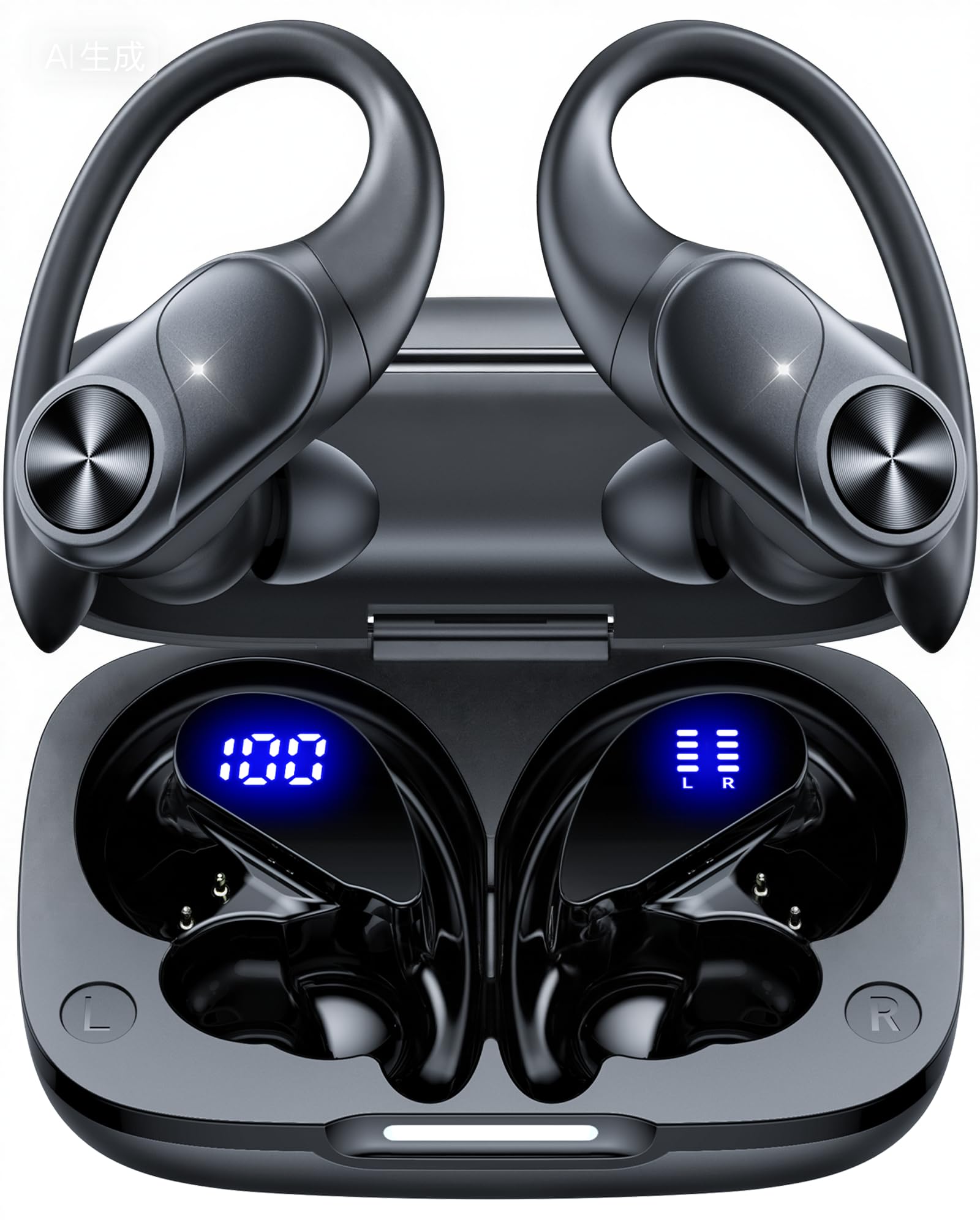 Auriculares Inalámbricos Bluetooth Deportivos 5.3 , 80h Autonomía, Doble Pantalla LED Batería, IPX7 Resistentes, Micrófono Integrado, Controles Físicos, Auriculares para Correr con Gancho de Oreja — view 7