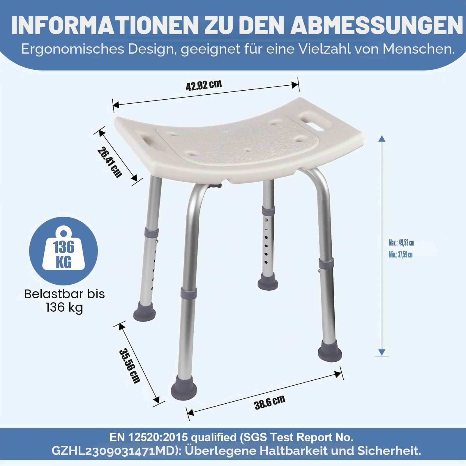 Ez2care Duschhocker, Höhenverstellbarer Duschstuhl, Rutschfester Badhocker für Dusche & Badewanne, Stabiler Aluminium Duschsitz, Leicht, Komfortabel, Vielseitig & Belastbar bis 136 kg, 37,5–49,5 cm