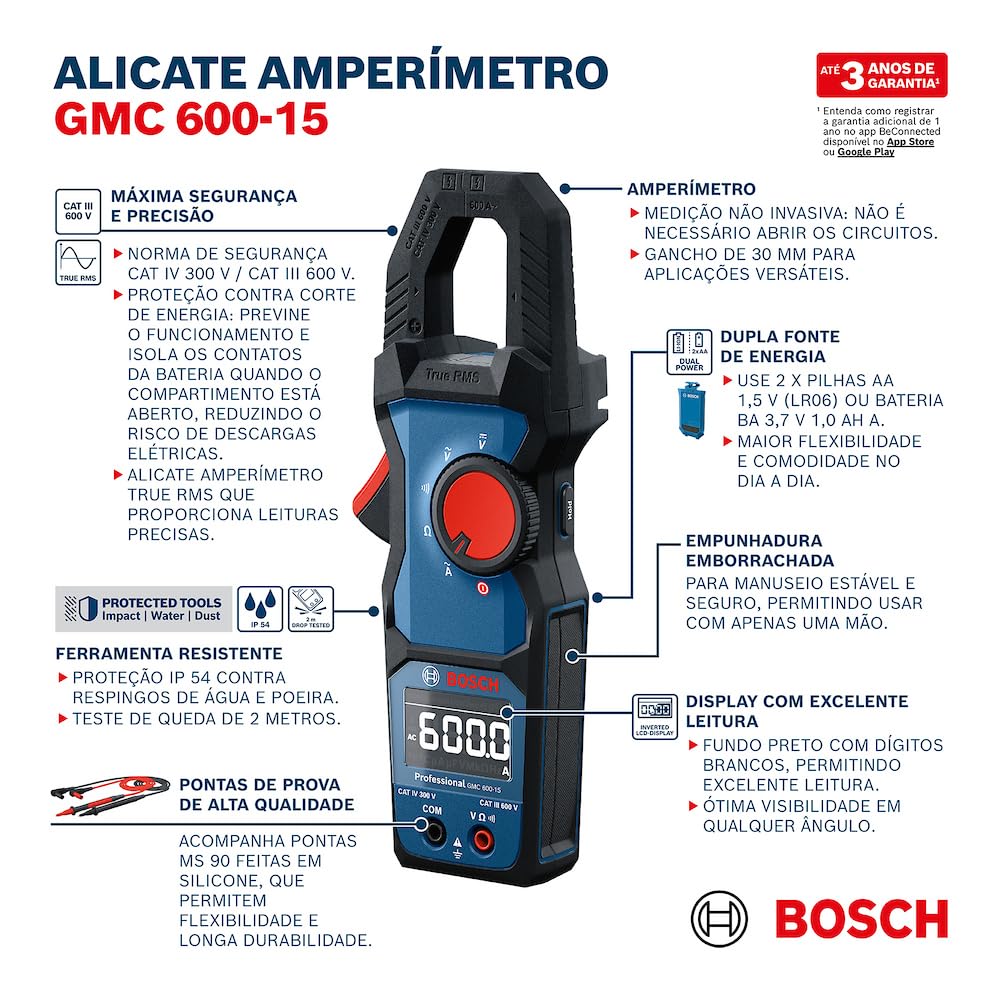 Tester elettrico Bosch Professional GMC 600-15 (Pinza amperometrica True RMS, corrente alternata fino a 600 A, tensione fino a 600 V AC/DC, 2 x 1,5 V LR06 (AA), puntali di misurazione MS 90, custodia)