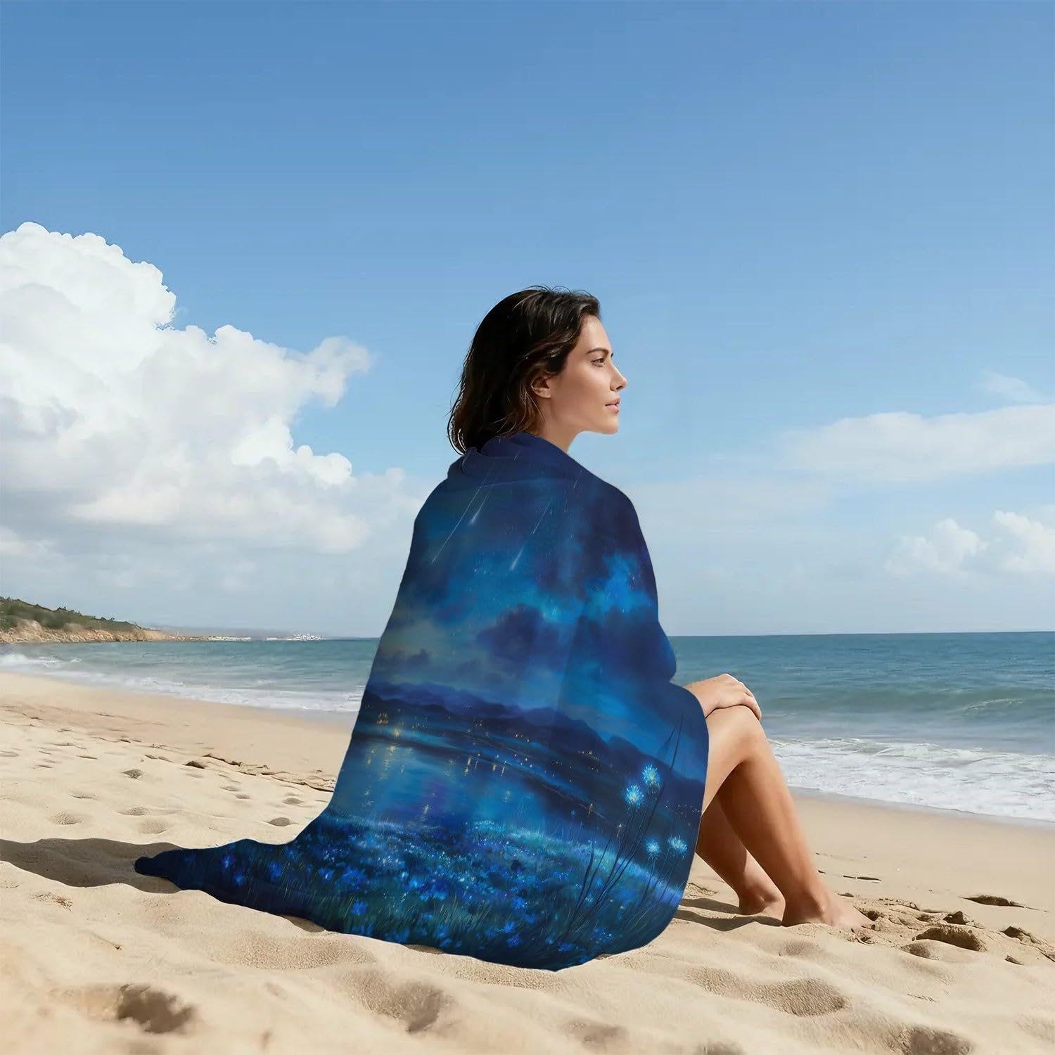 Fantasy, Nachtlandschaft Strandtuch 230 x 210 cm – Mikrofaser Strandtuch Reisehandtuch Schnelltrocknend Pflegeleicht für Campen, Picknick, Ausflüge