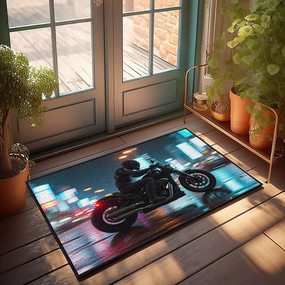 Paillasson extérieur entrée contre la saleté tapis 50x80cm décor de porte motard néon city