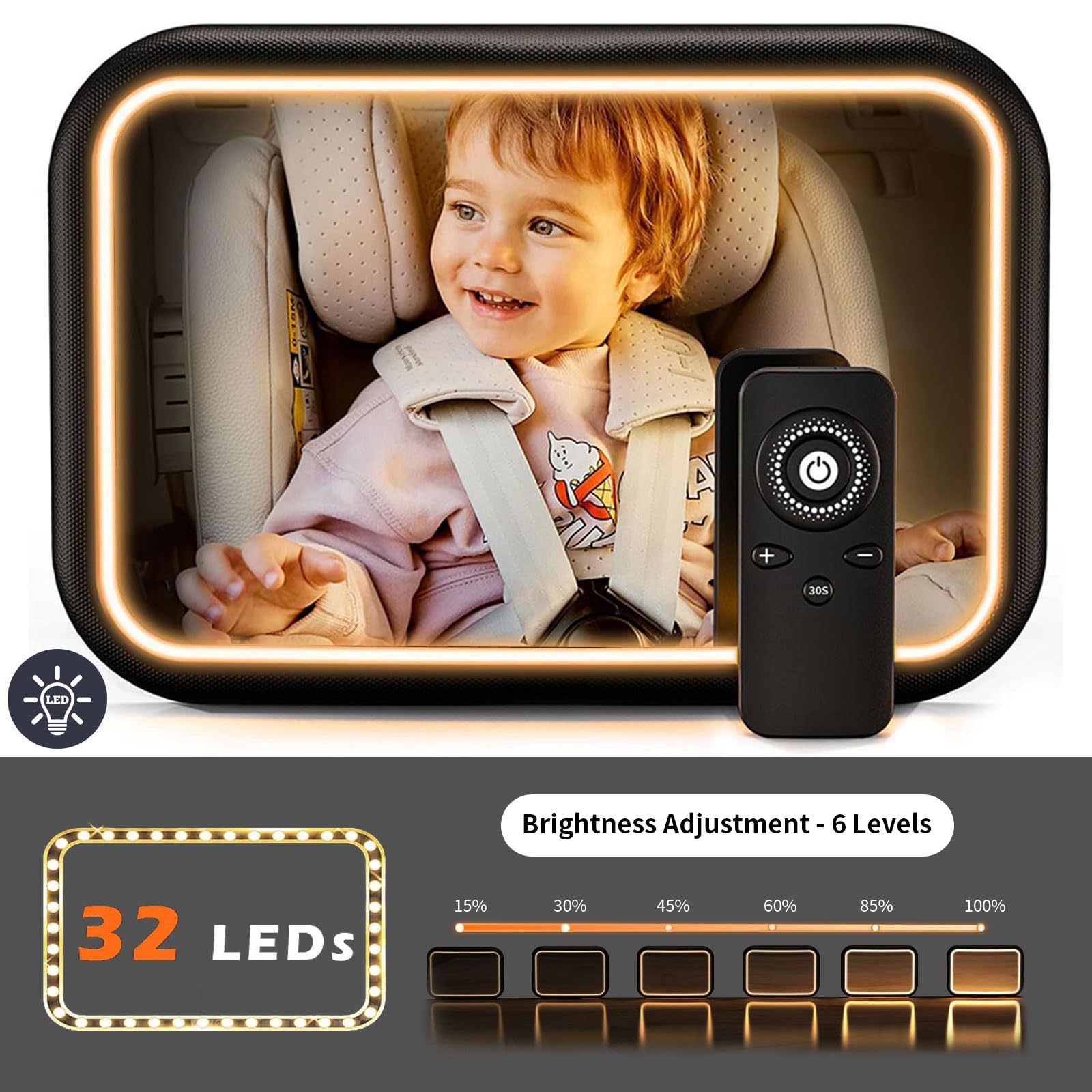 Specchio per auto con luce a 360° con telecomando per specchietto retrovisore per auto, sedile posteriore con clip in metallo per neonato + 2 adesivi Baby on Board e 2 ganci per poggiatesta