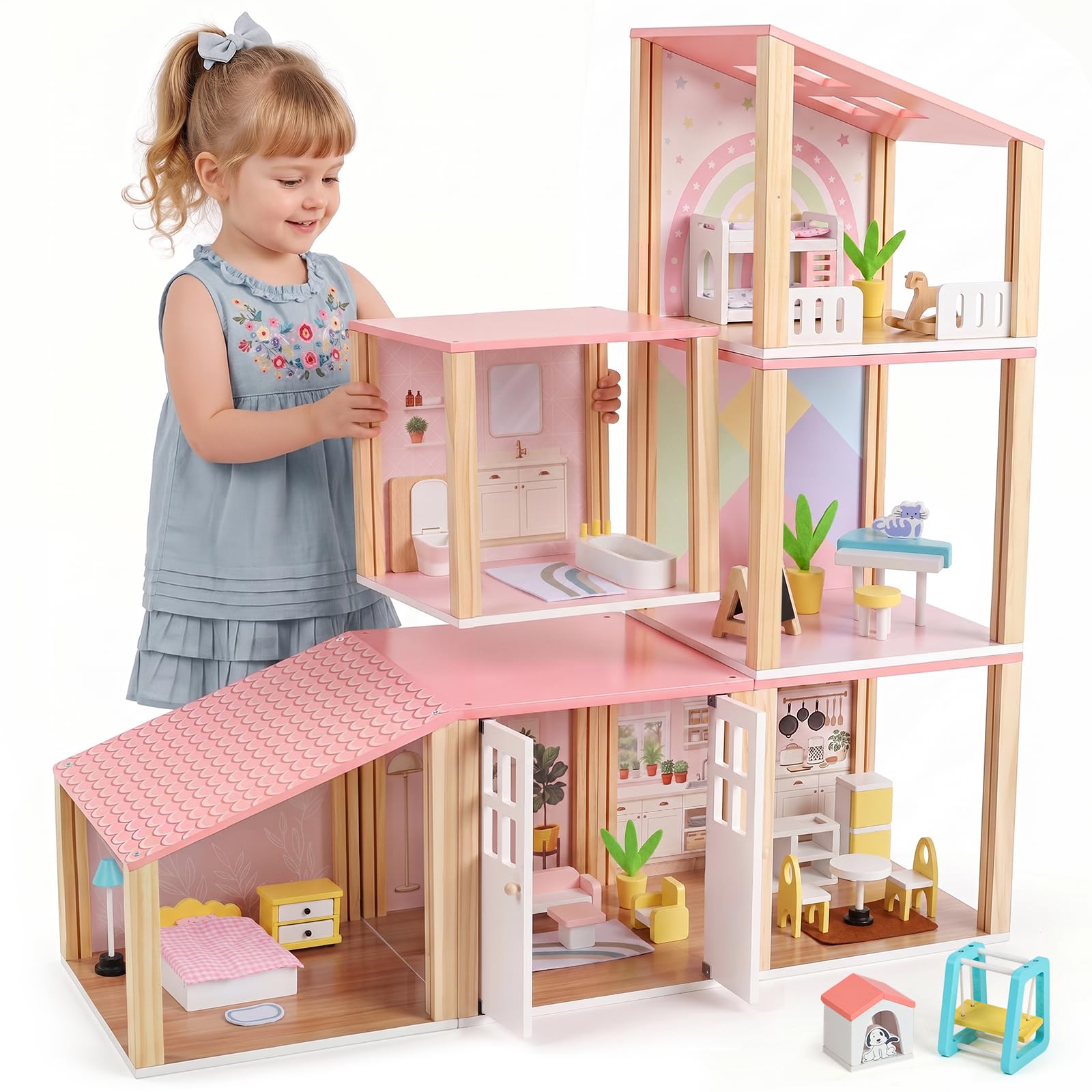 Wooden Dollhouse for Girls, Modular Doll House