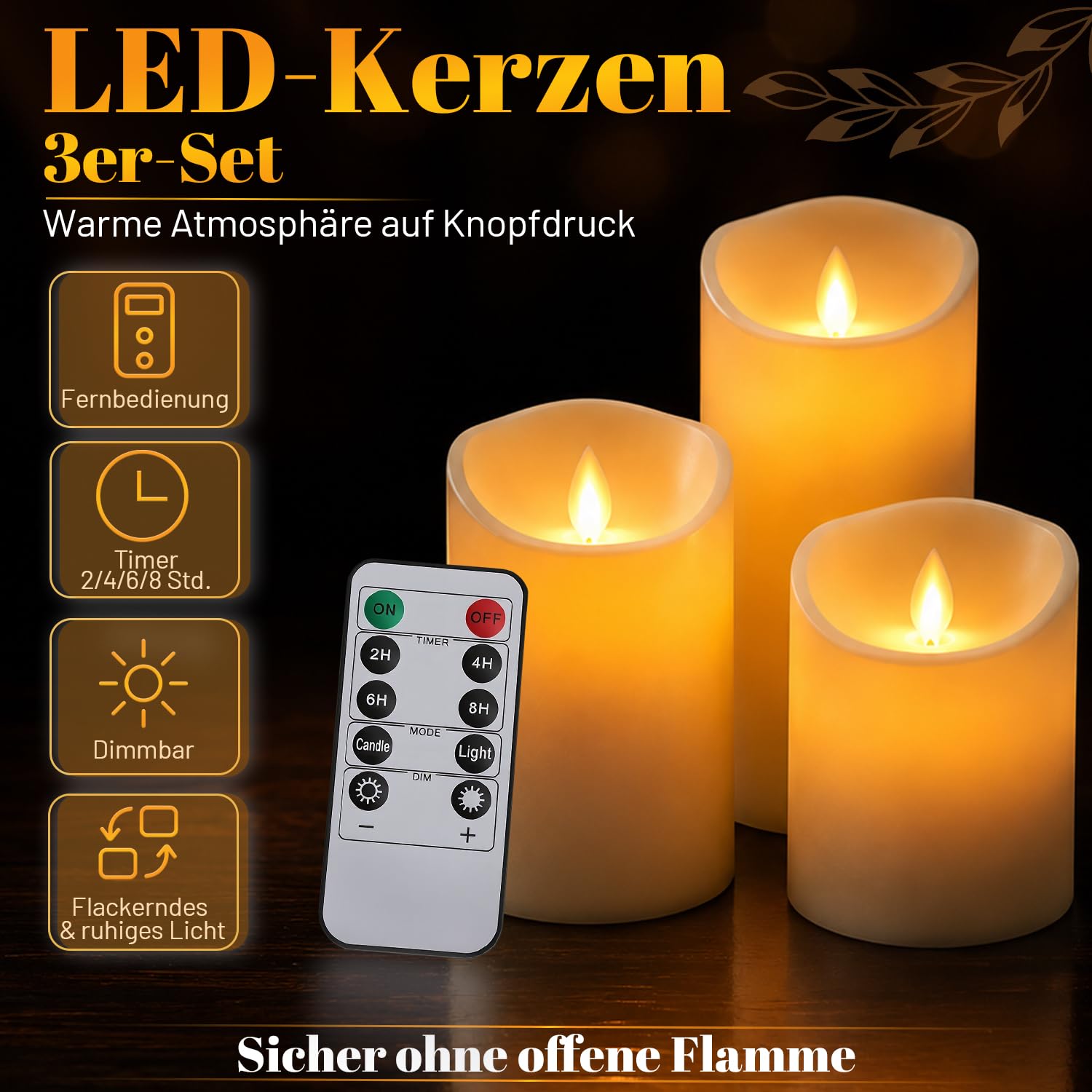 Velas LED (12 unidades, plástico, con temporizador, mando a