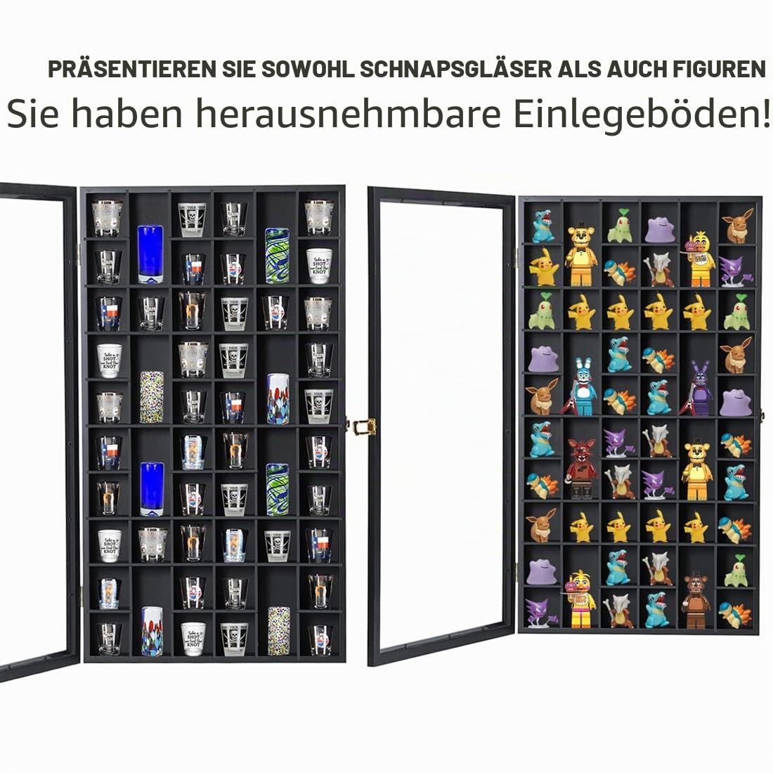 Schnapsglas-Vitrine, großer Holzschrankhalter, Wandmontage, Schwarze Schattenbox, abschließbar mit UV-Schutz, Acryl-Glastür, Schnapsglas, 43.2x81.3 cm, 52 Steckplätze