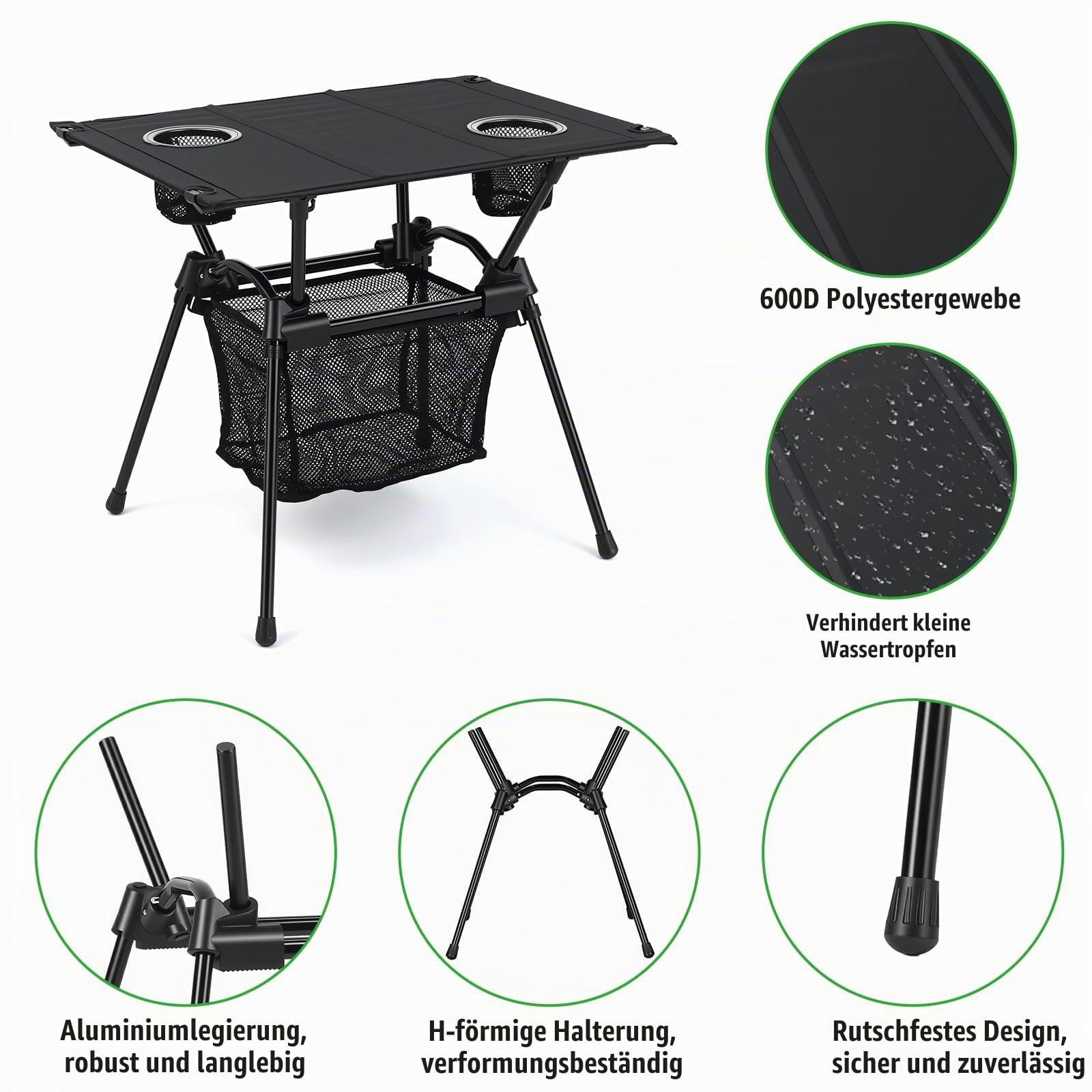 GARLLEN Campingtisch klappbar, 60x43x51cm Camping Tisch Klapptisch mit Getränkehalter, Netztasche & Tragetasche, Ultraleicht Gartentisch Picknicktisch Kleiner Tisch Outdoor für Strand Angeln Wandern