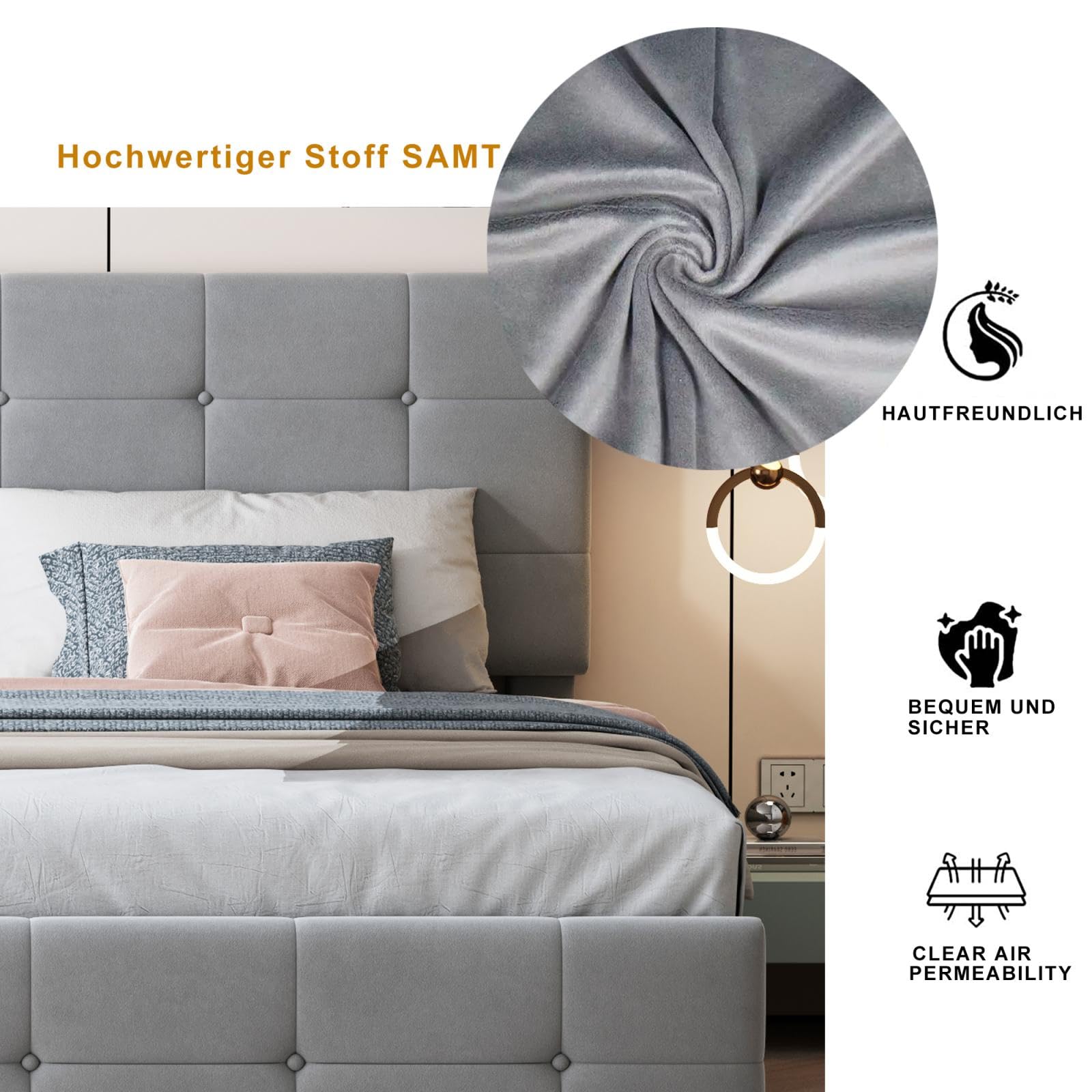 KOMHTOM Letto Matrimoniale Imbottito Con Contenitore E Luci LED (180x200 Cm) - Bianco, Pelle PU, Rete A Doghe In Legno, Senza Materasso - 5