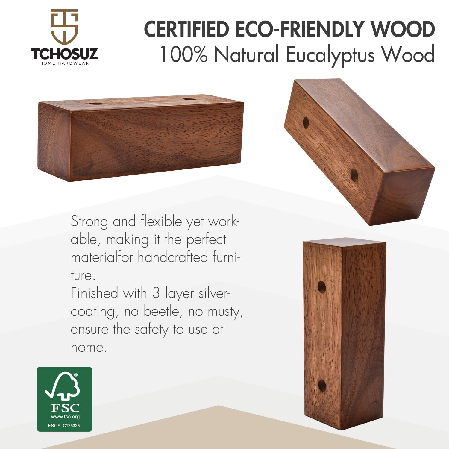 2 Inch Solid Wood Furniture Legs, 4 Pack Walnut Block Corner Legs, I-Shaped Sofa Feet & Bed Risers for Couch Bed Frame - Image 3