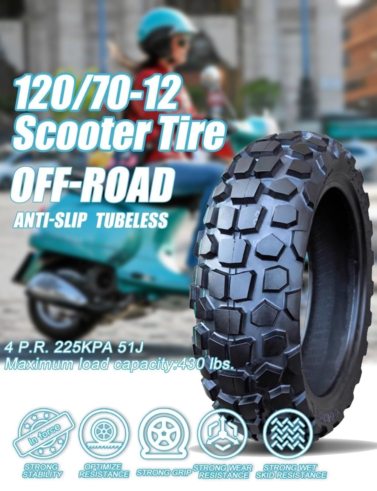 120/70-12 Opona do Skutera/Motoroweru Przód Tył, 4 P.R 225 kPa Maksymalne Obciążenie 430 Funtów 59J, 120/70/12 Opona Bezdętkowa Antypoślizgowa