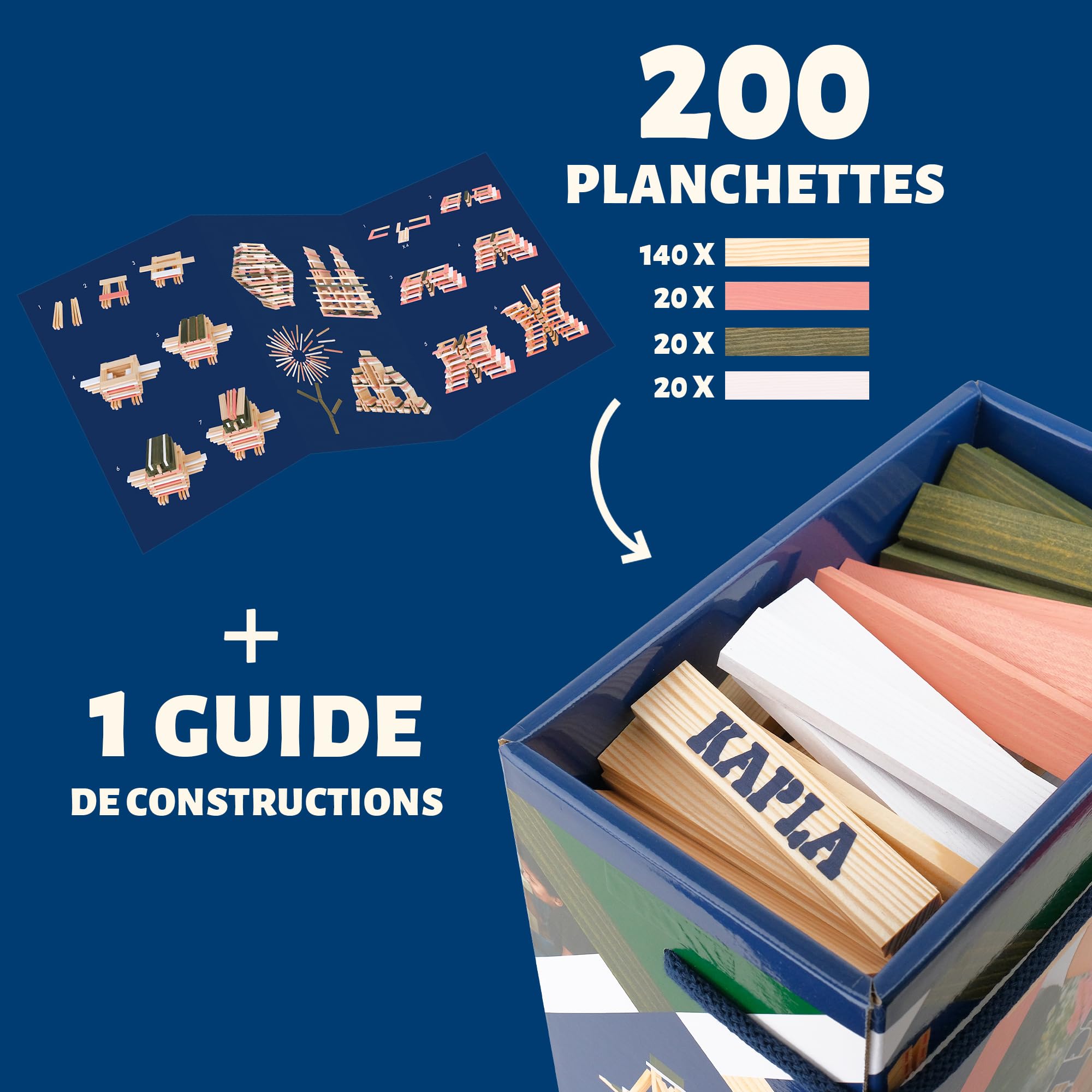 KAPLA Baril Printemps 200 planchettes colorées (Vertes Roses et Blanches), Jeu en Bois, Jeu de Construction, dès 2 Ans