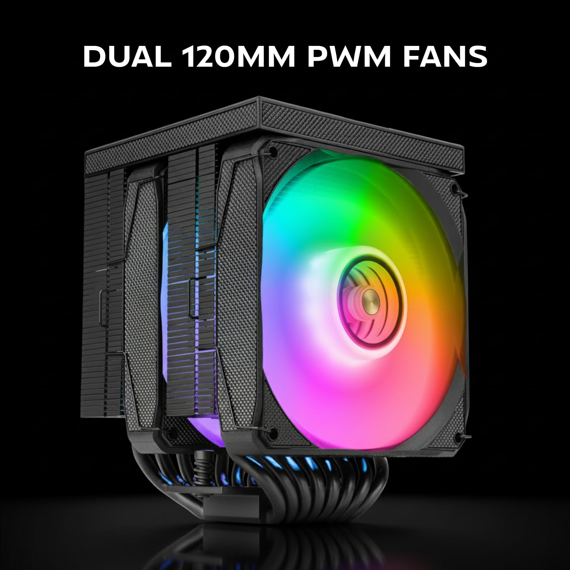 Mars Gaming MCPU-LCDPRO, Podwójny wieżowy radiator CPU 380W TDP, 8x Heatpipes HCT, 2x Wentylatory 120mm PWM FDB, Duży ekran LCD, Oświetlenie ARGB Infinity Mirror, Kompatybilność z Intel i AMD, Czarny