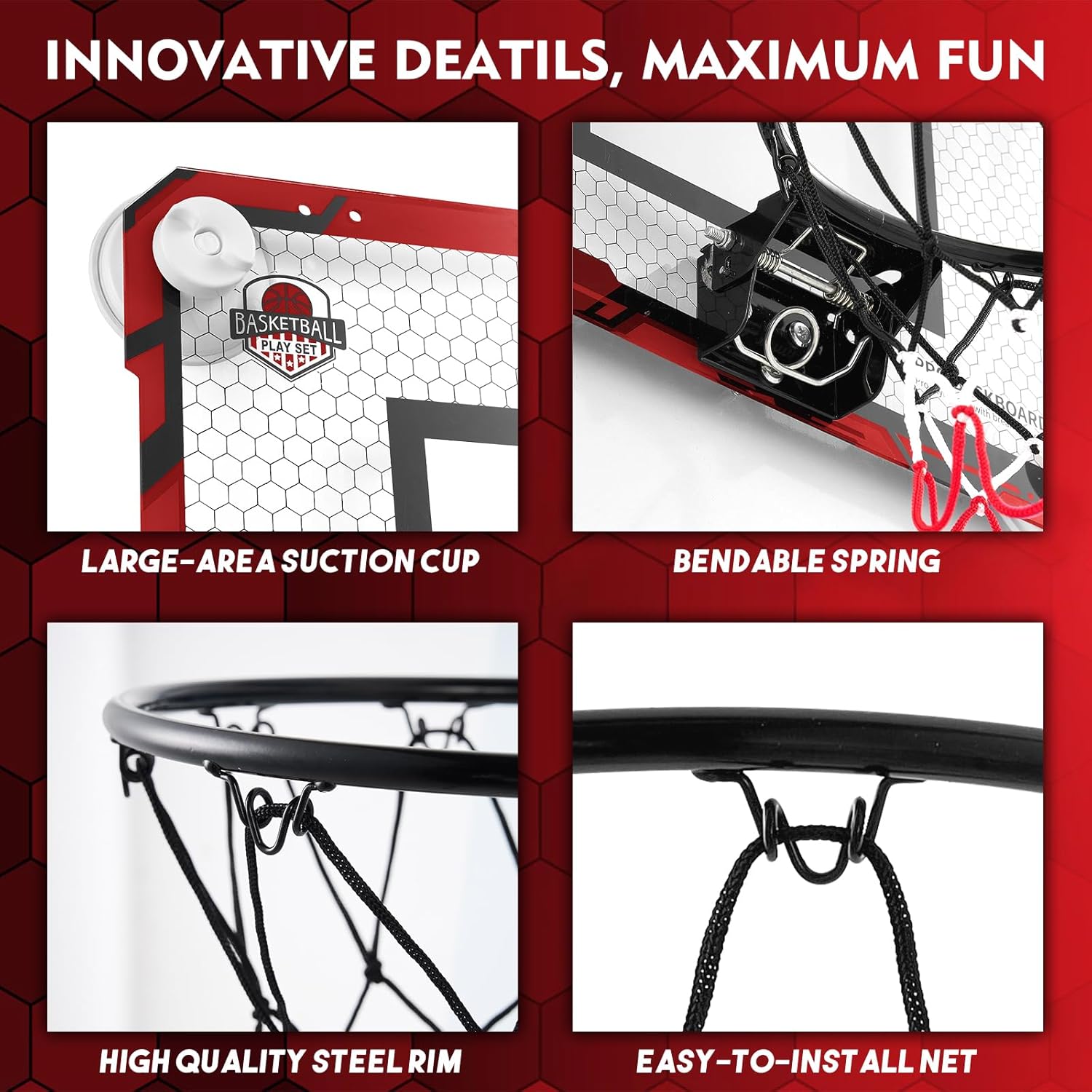 BOHEN Indoor Mini Basketball Hoops with Powerful Suction Cup, Stick to Windows, Wooden Doors, Smooth Walls - Basketball Backboard Indoor Bedroom Office for Kids Teens Adults