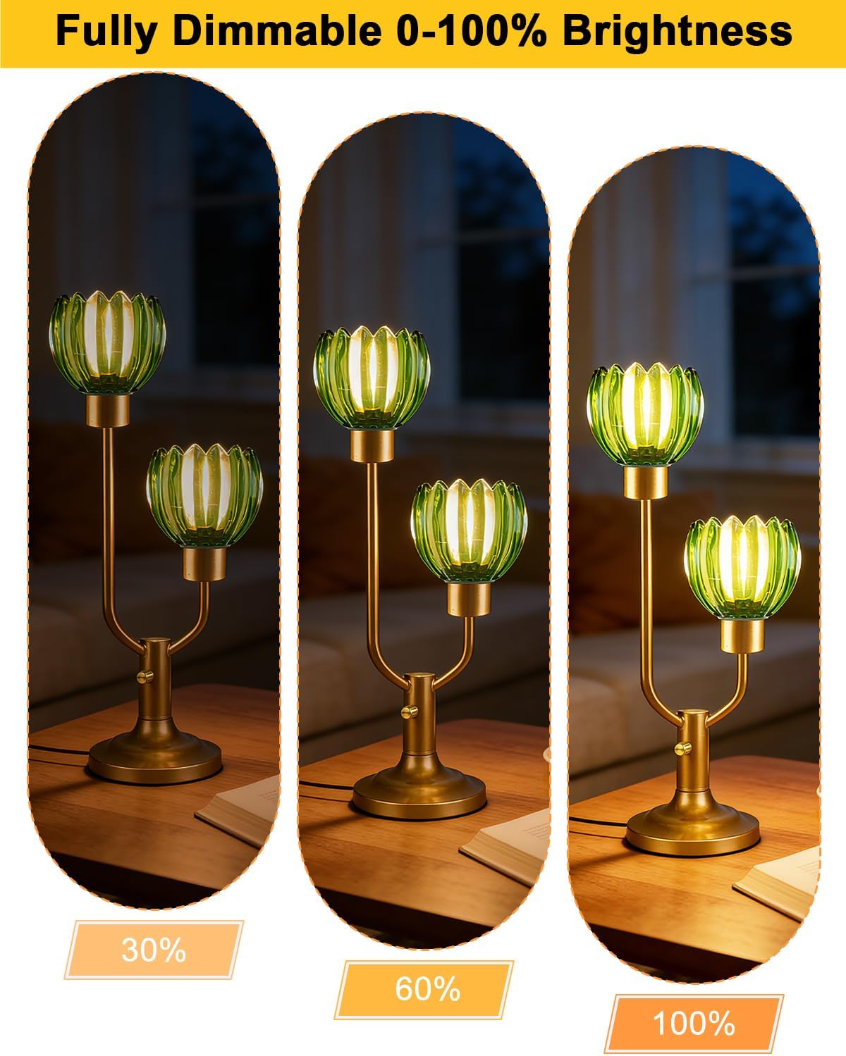 Lightdot Green Glass Flower Table Lamp for Bedroom Dimmable Nightstand Lamp Mid Century Modern Vintage Gold Desk Lamp 2 Bulbs Included Warmwhite Ambient Bedside Lamp for Living Room Home Office Decor