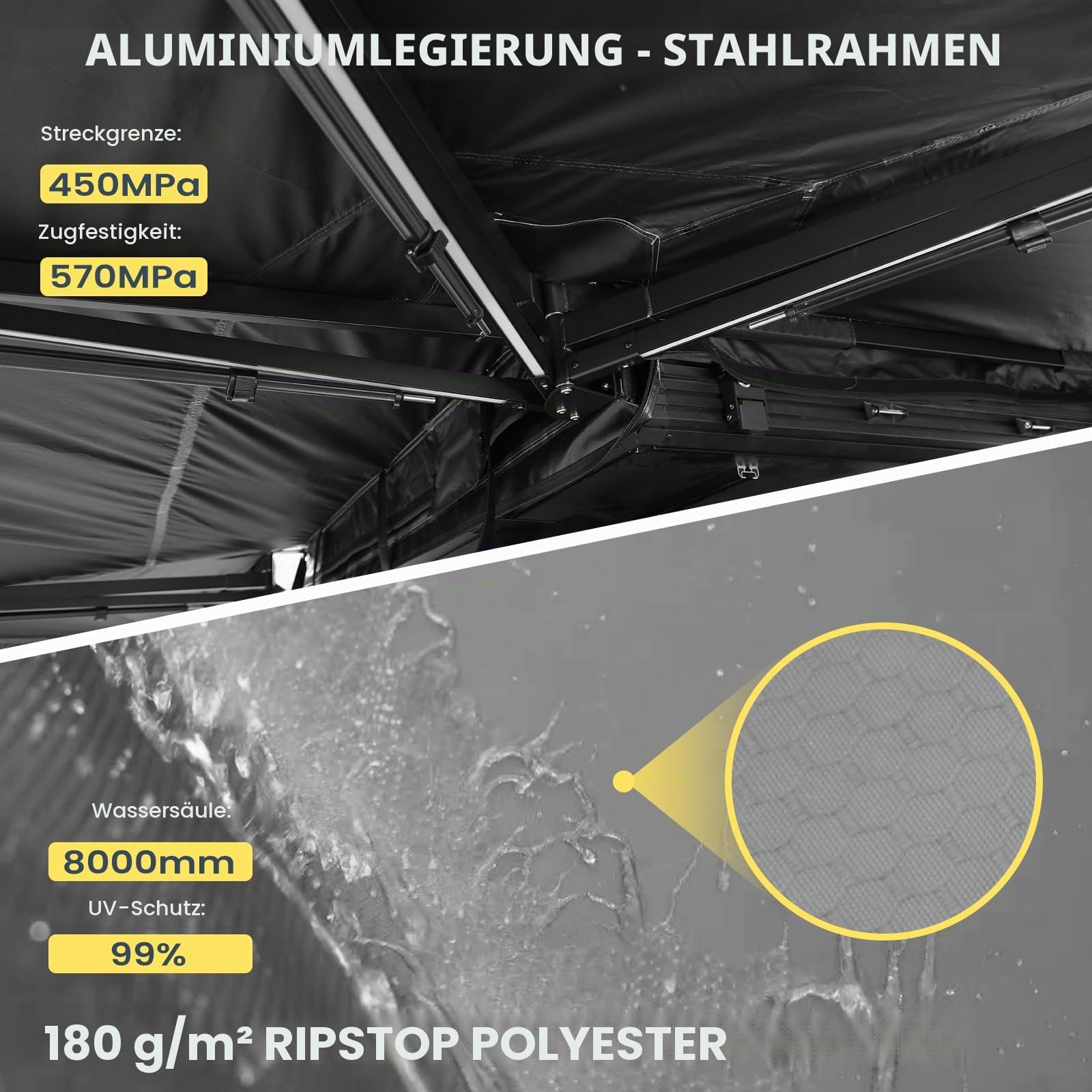 270 Auto RV Vorzelt für Wohnmobil - Overland Zelt Fahrzeug Markisen Ersatz Vordach Markise, Universal Seitenschiebe für SUV LKW Van Anhänger (grau, Fahrerseite) | Freistehende 270 Auto-Markise mit LED-Beleuchtung, schneller Einrichtung und breitem Schatte