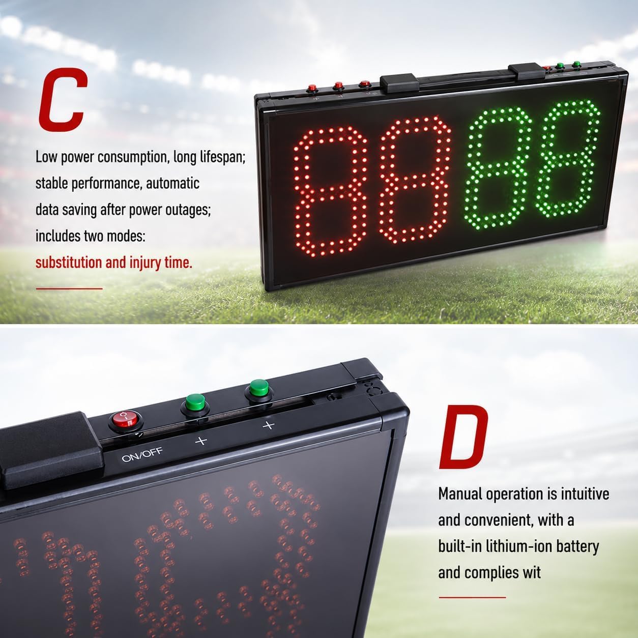 Scheda elettronica di sostituzione del calcio | 2 modalità di | Mostra i cambiamenti del giocatore o il tempo di infortunio, salva i dati inseriti e offre fino a 2 ore di funzionamento a