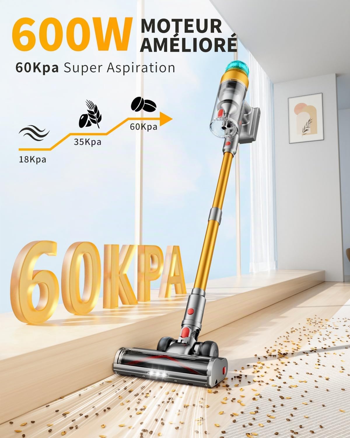 60KPA/600W Aspirateur Balai sans Fil, 75 Minutes Autonomie Aspirateur sans Fil Puissant avec Recharge Murale Écran Intelligent, aspirateur balai puissant pour Les Poils d'animaux/Tapis/Sols Durs