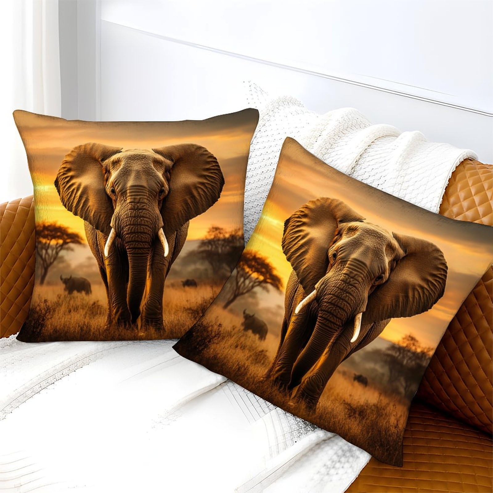 2 Pack African Savannah Luxury Digital Printed Soft 3D Elephant Themed Square Cushion Cover 40x40cm, Style, 40 x 40 cm (Pack of 2) - Image 3