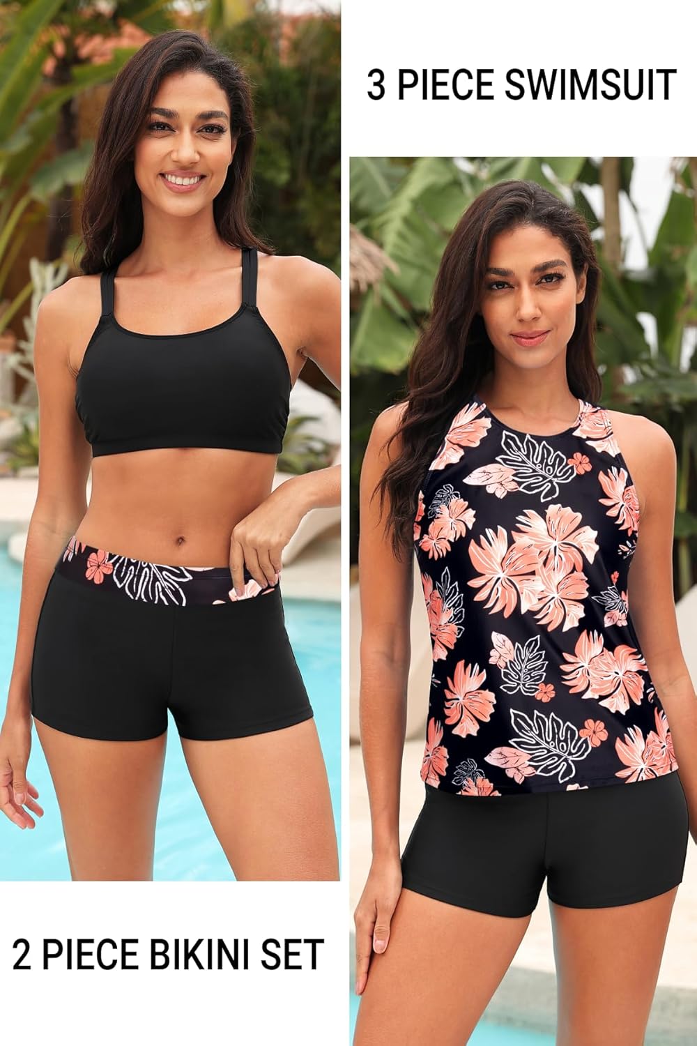 Tempt Me 3 Piece Swimsuit for Women Tankini Bathing Suit Modest High Neck Tank Tops Swimwear with Shorts - Image 2