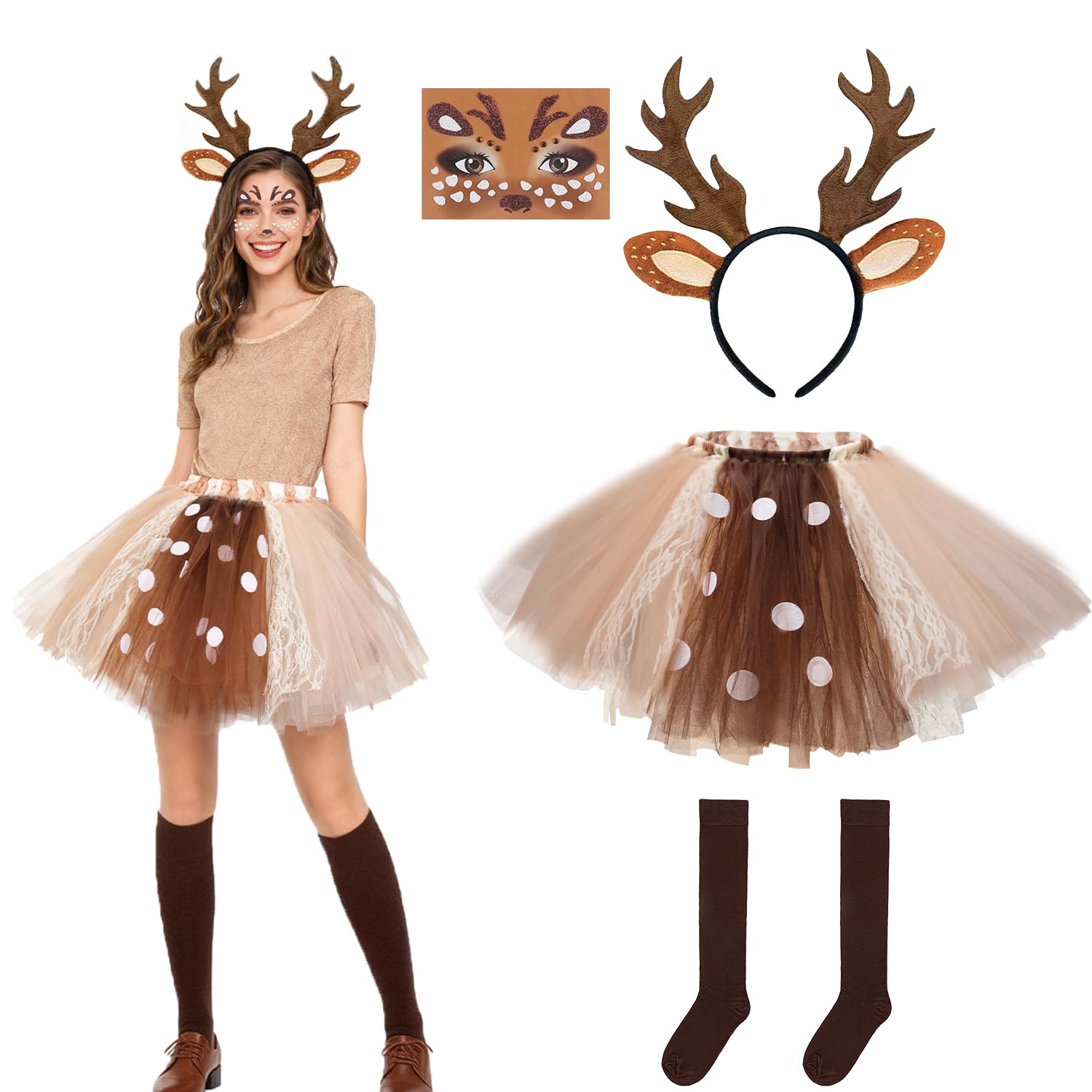 Tobriavor Women's Reindeer Costume Head Band Tutu Skirt Tattoo Socks Christmas Halloween Carnival Women's Costume