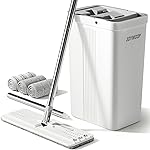 JOYMOOP Mop and Bucket with Wringer Set, White Flat Squeeze Bucket Set for Floor Cleaning, Wet Dry Wall Cleaner with Long Handle, Hardwood Floor Mop-3 Microfiber Cloths