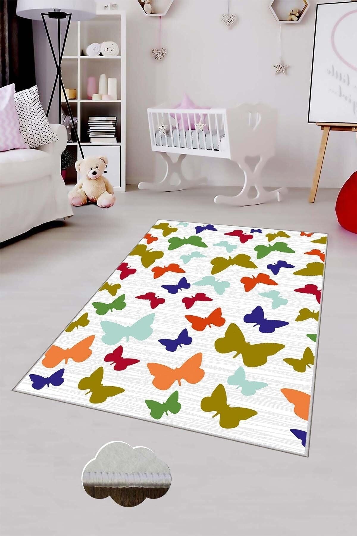 Pelangi Gri Rengarenk Kelebek Desenli Yıkanabilir Kaymaz Taban Leke Tutmazbebek Ve Çocuk Odası Halısı, Beyaz-Turuncu 100 x 500, 901357174100500
