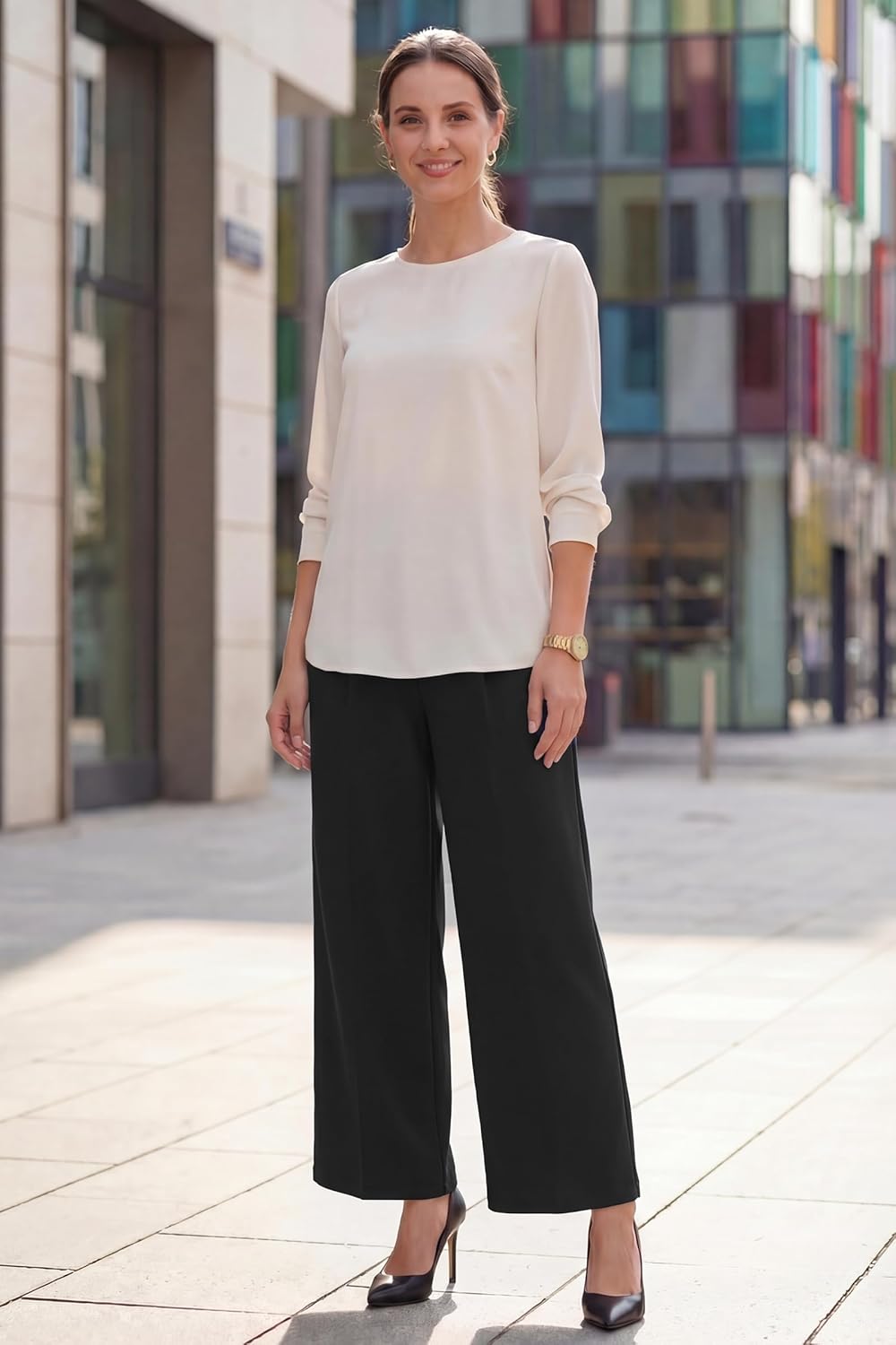 OUGES Women's Stretchy Maternity Pants Over Belly Wide Leg Business Casual Work Trousers Pleated Dressy Pants with Pockets