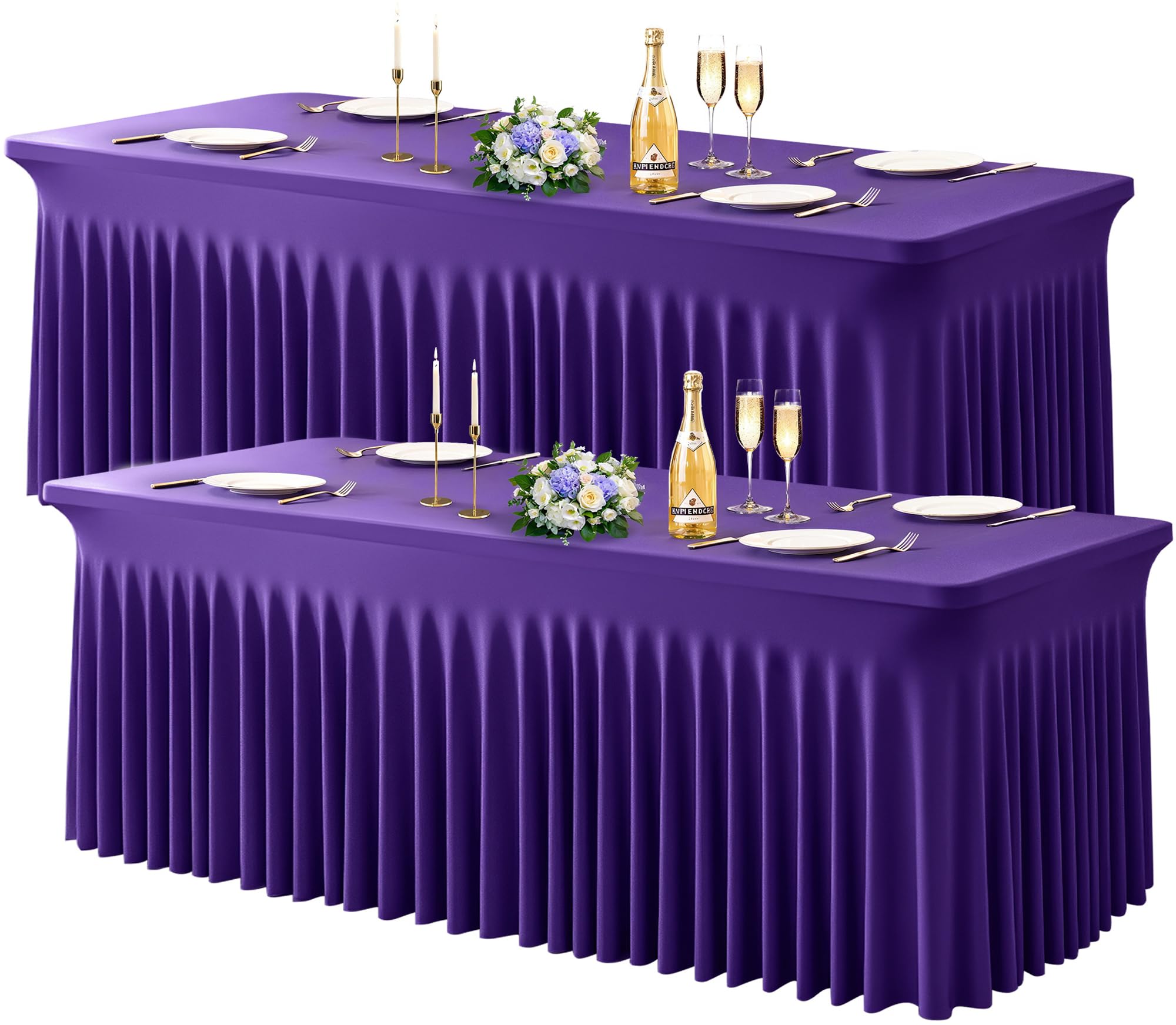 Wish Care 2 Pack Dark Purple Spandex Table Clothes for 8 Foot Rectangle Tables, 8FT Wrinkle Free Fitted Tablecloths Ruffles Design Table Cover for