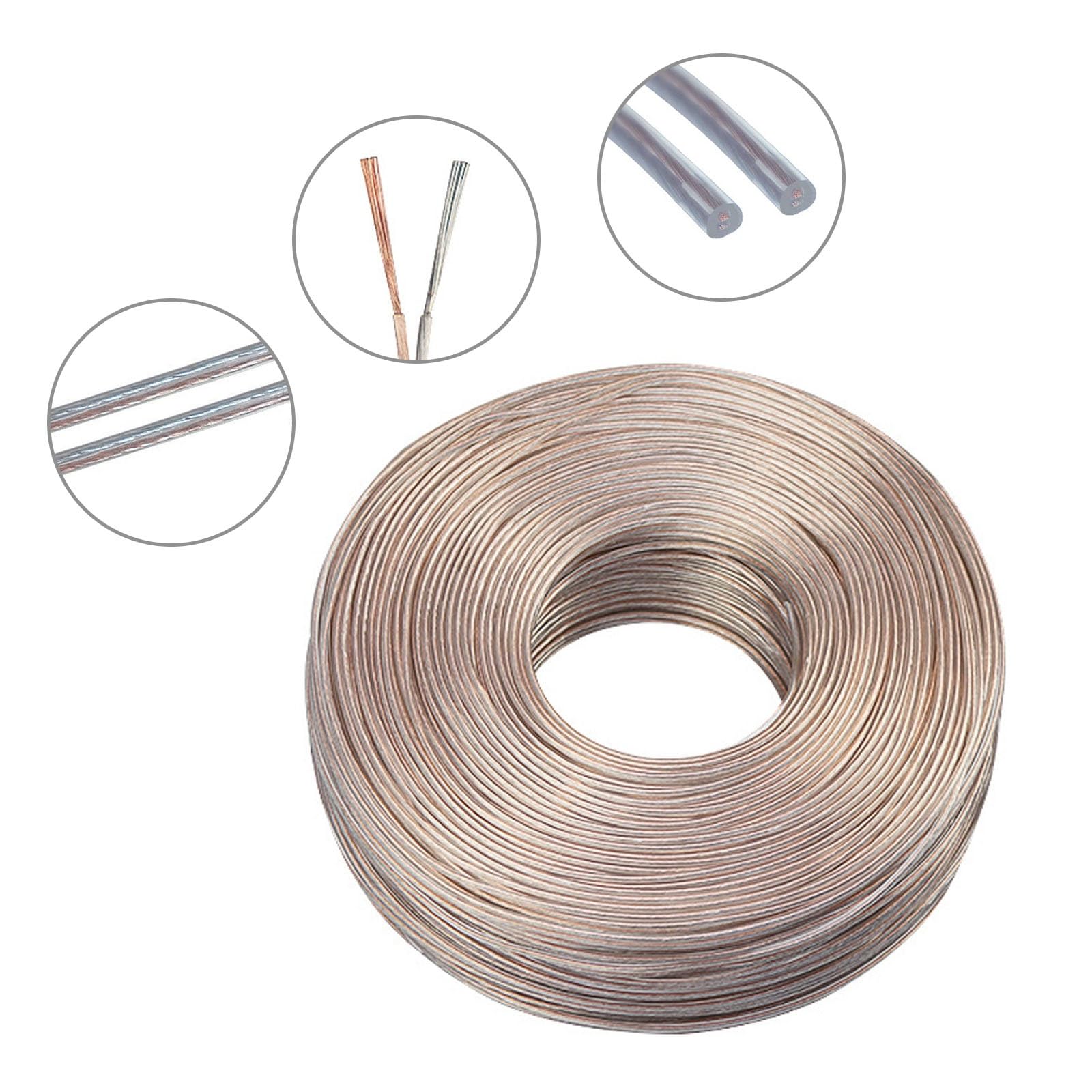 Cable Paralelo Cobre Estannado PVC Transparente UL2464 22/2, 15 Pies, Cable Flexible para Altavoces, Tiras LED, Cable De Extensión Bajo Voltaje 22 AWG 2C(100ft)