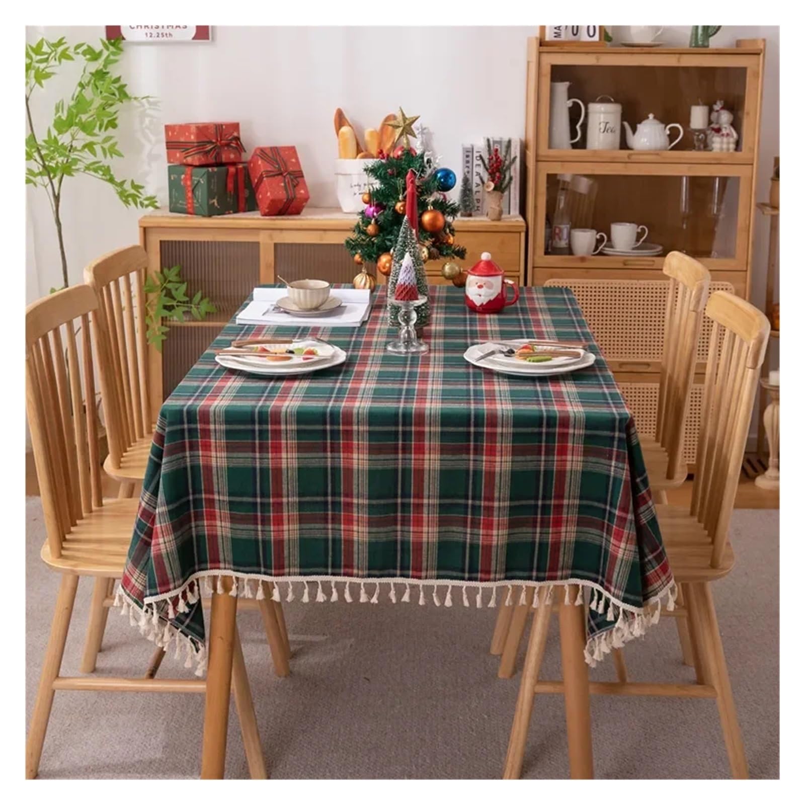 Tovaglia di Natale Tovaglia natalizia Plaid verde Foto Atmosfera Resort Tessili for la casa Copritavolo di Capodanno for il ristorante for riunioni famiglia(Tassel green plaid,140X180CM)
