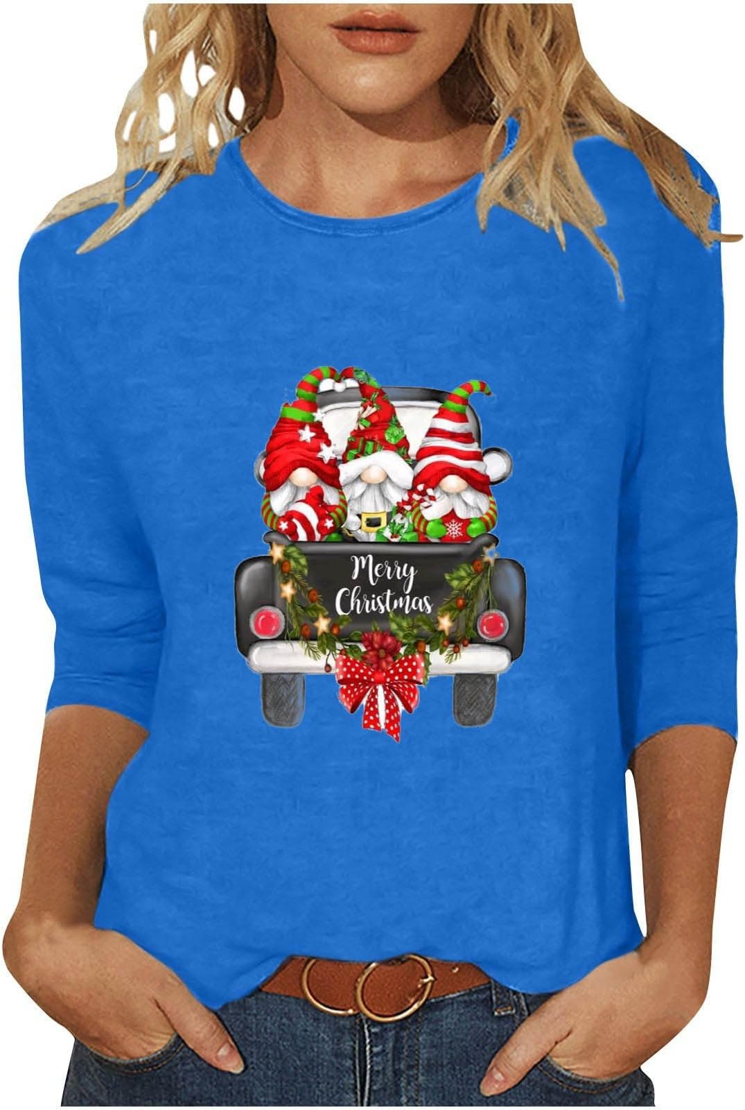 GenericWomens Christmas Tops 3/4 Sleeve Crew Neck Pullover Shirts Funny Graphic Xmas Sweatshirt Ladies Top Casual Merry Chirtsmas Blouse Festival Party Top Active T Shirt UK 8-22 Clearance