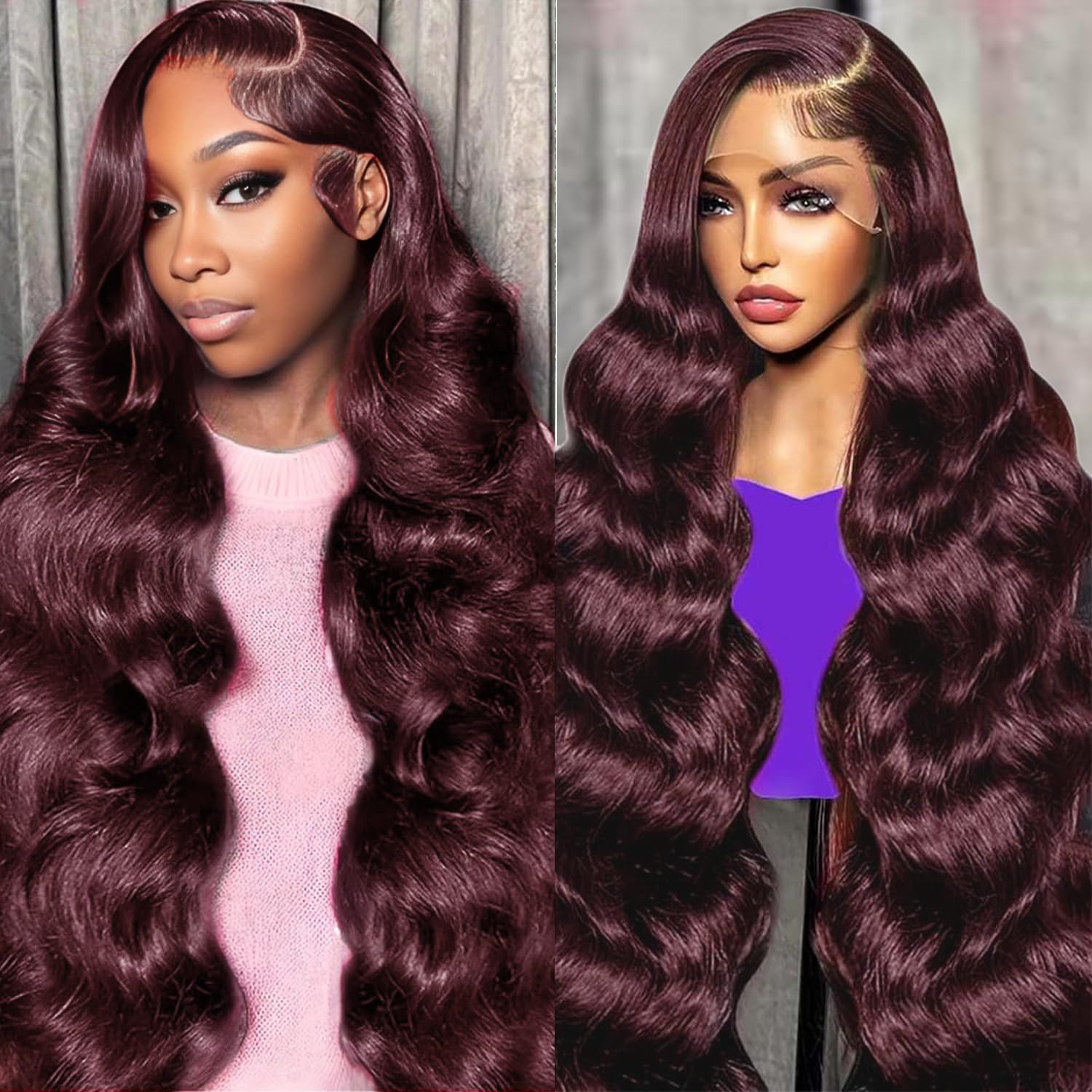 HaEver 38 Inch 99J Burgundy Lace Front Wigs Human Hair Pre Plucked 200% Density Body Wave Lace Front Wigs Human Hair Red Wig HD Transparent Full