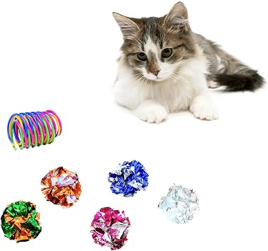 WishLotus Cat Toys for Indoor Cats, Cat Spring Toy 4Pcs and Crinkle Balls 5Pcs High Elasticity Spiral Springs and Crisp Wrinkle Balls for Cats to Swat, Bite, Hunt
