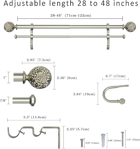 Miniatura 3 de Boenley - Barra de cortina doble de 1 pulgada con remates Torre y retenes, peltre, 28 a 48 pulgadas