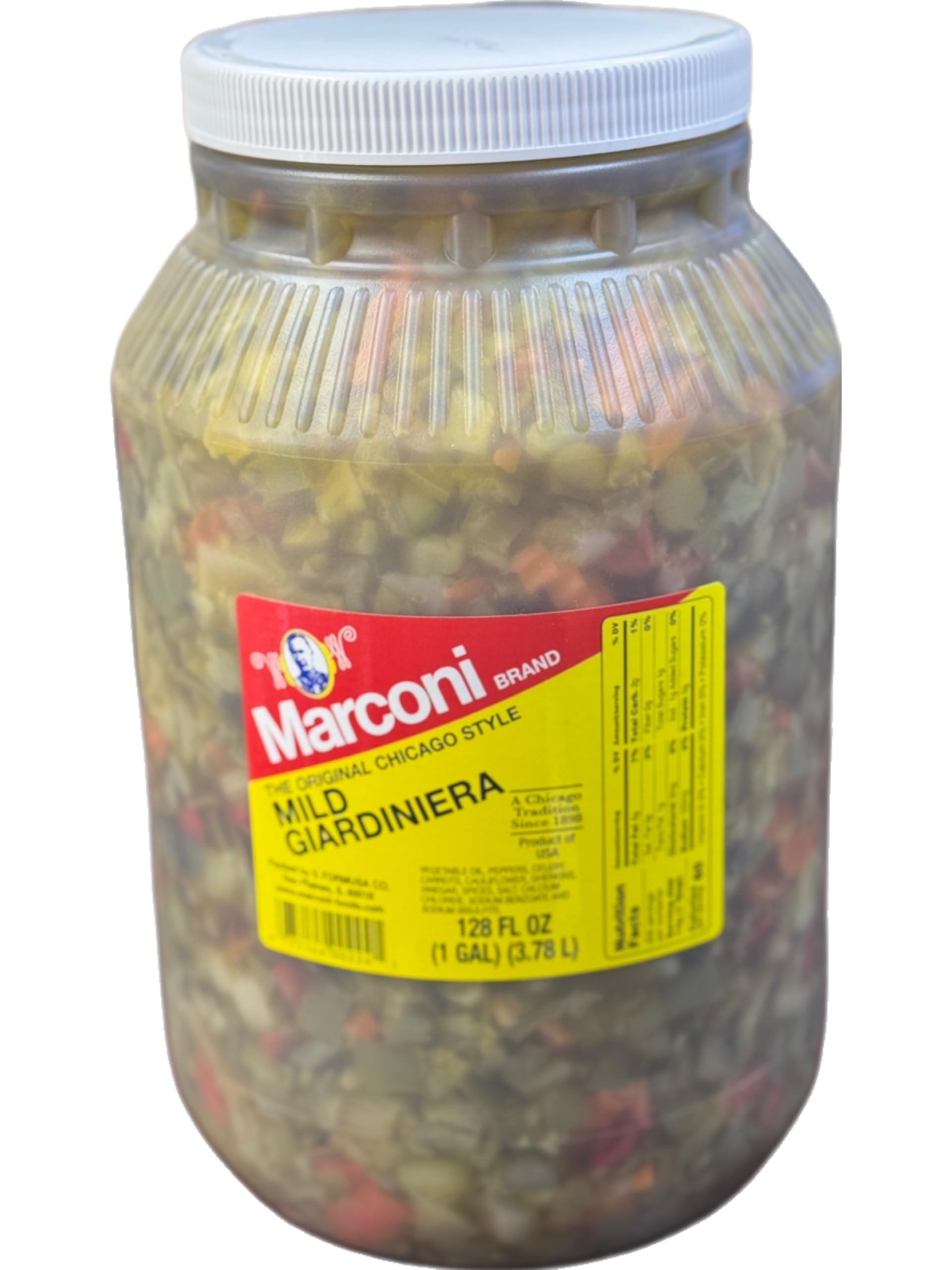 Marconi Mild Giardiniera, Chicago Style Vegetable Mix with Peppers, Carrots, Cauliflower, Celery Gherkins, Bulk Jar, 128 fl oz (1 Gallon)