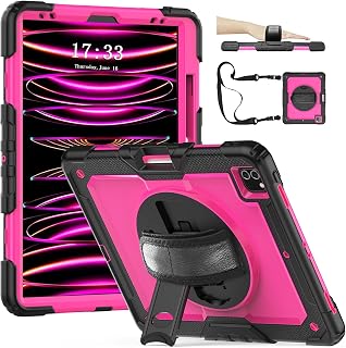 CASZONE iPad Pro 12.9 Case 2022/2021/2020,iPad Pro 12.9 6th/5th/4th Generation Case with Screen Protector,Pencil Holder,360ｰRotating Stand,Hand/Shoulder Strap,3 in 1 iPad Pro 12.9 Case,Rosy+Black