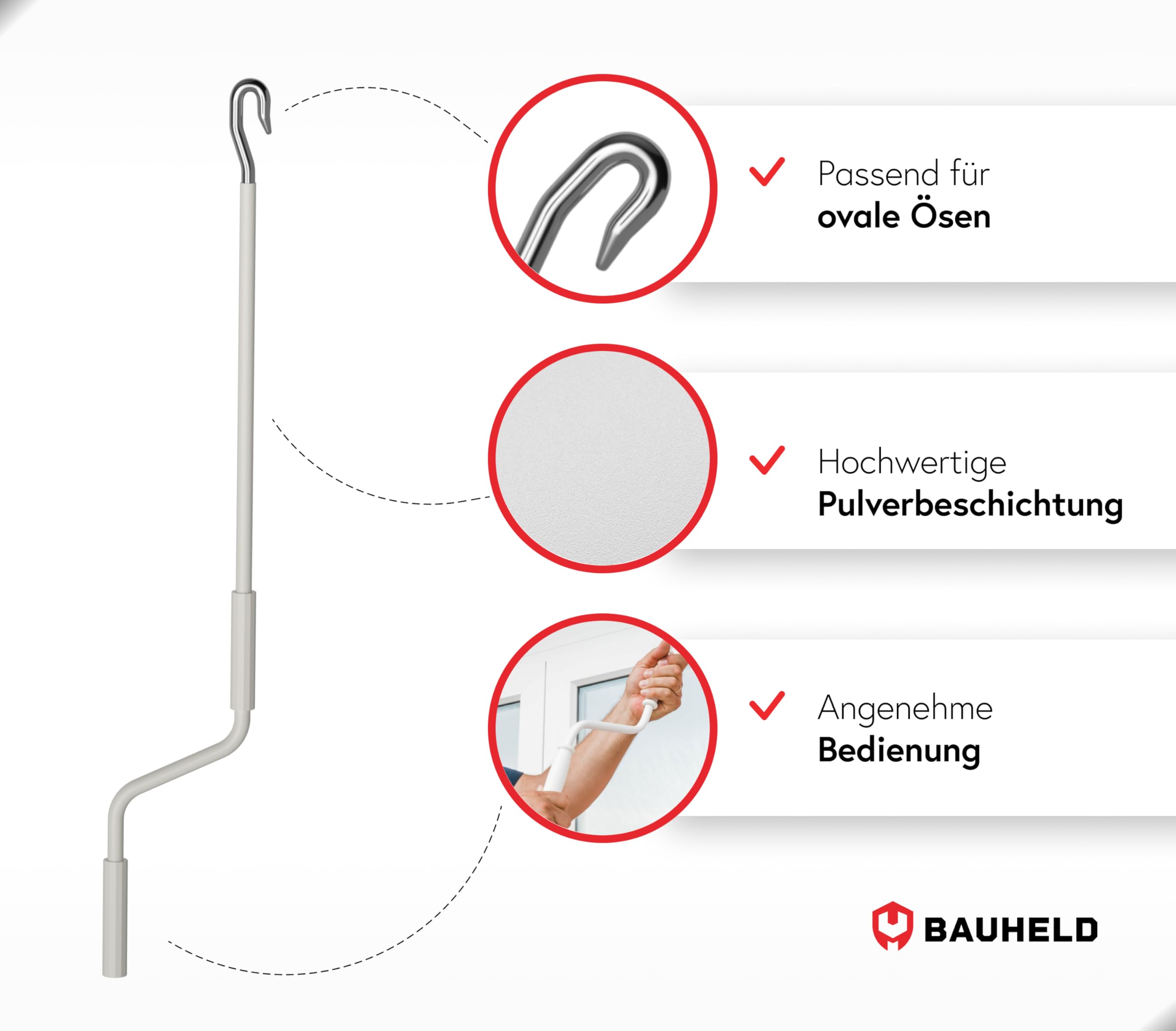 BAUHELD Manivelle de store avec crochet de boucher 100 cm fabriqué en Allemagne revêtement par pulvérisation poignée plastique haute résistance