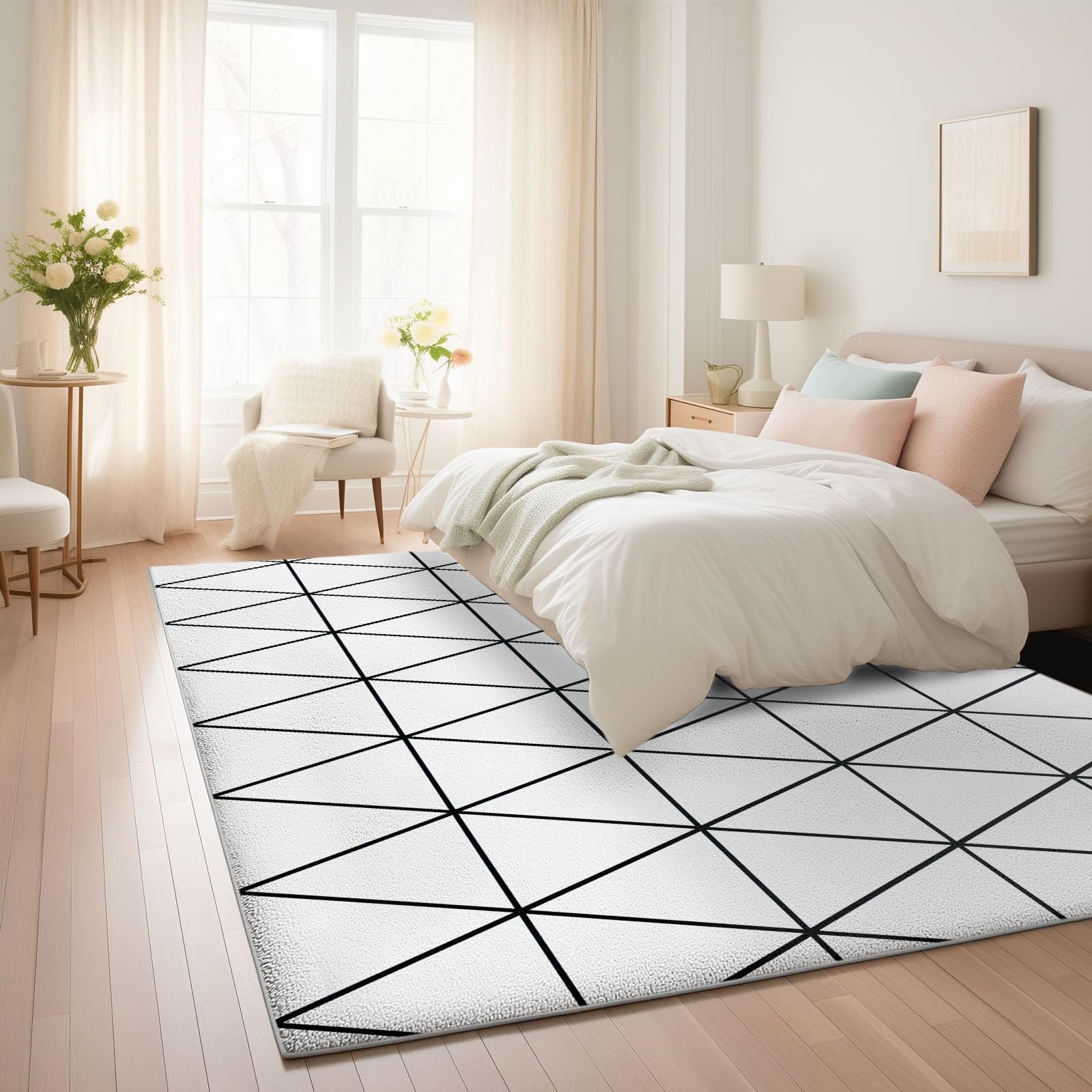 Dywan do salonu Geometryczna siatka trójkątna 120 x 180 cm Miękkie antypoślizgowe dywaniki, białe zmywalne dywaniki flanelowe, do sypialni, jadalni, pokoju dziecięcego